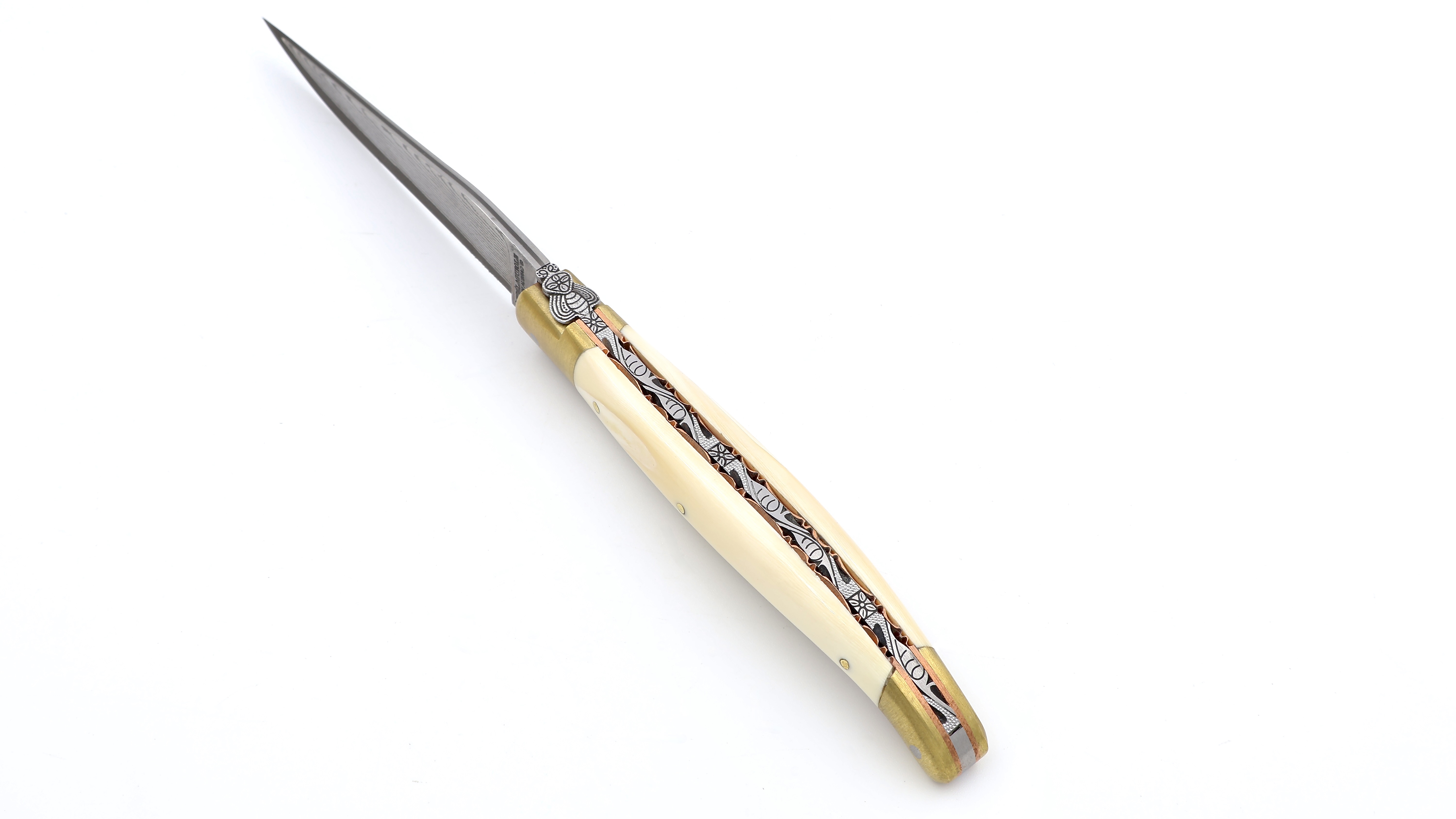 Laguiole en Aubrac knife BIJOU  jap. damascus warthog with chiseled plates 12 cm