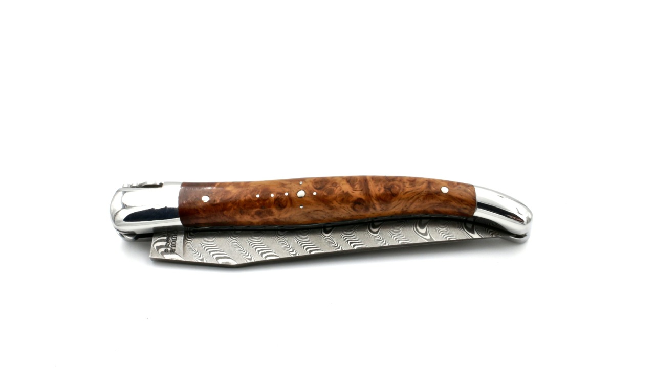 Laguiole en Aubrac damascus amboina burlwood shiny with double plates 12 cm