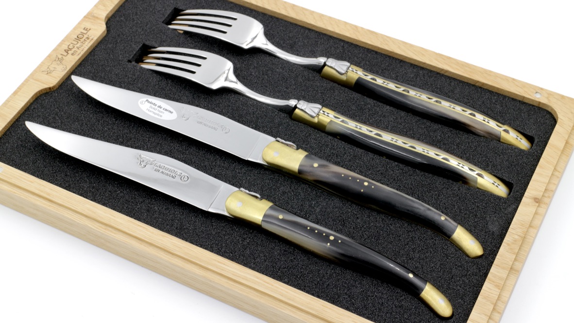 Laguiole en Aubrac Laguiole Besteck Set geflammte Hornspitze 2 Messer 2 Gabeln