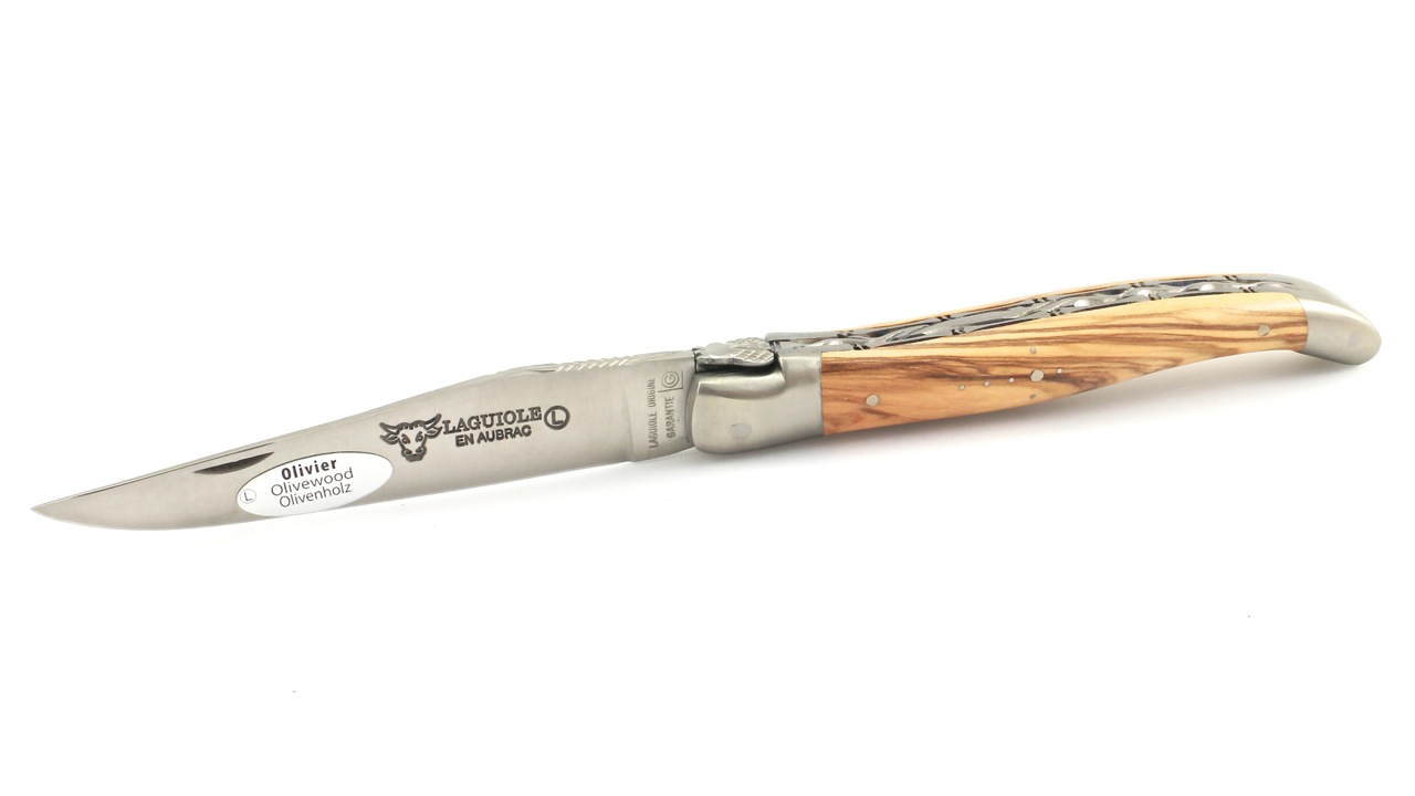 Laguiole en Aubrac Laguiole Messer Doppelplatine Olive satiniert 12 cm