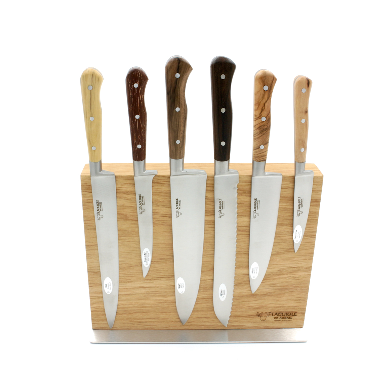 IMG_4982 Laguiole en Aubrac mixed woods Set of 6 kitchen knives with magnetic oak block