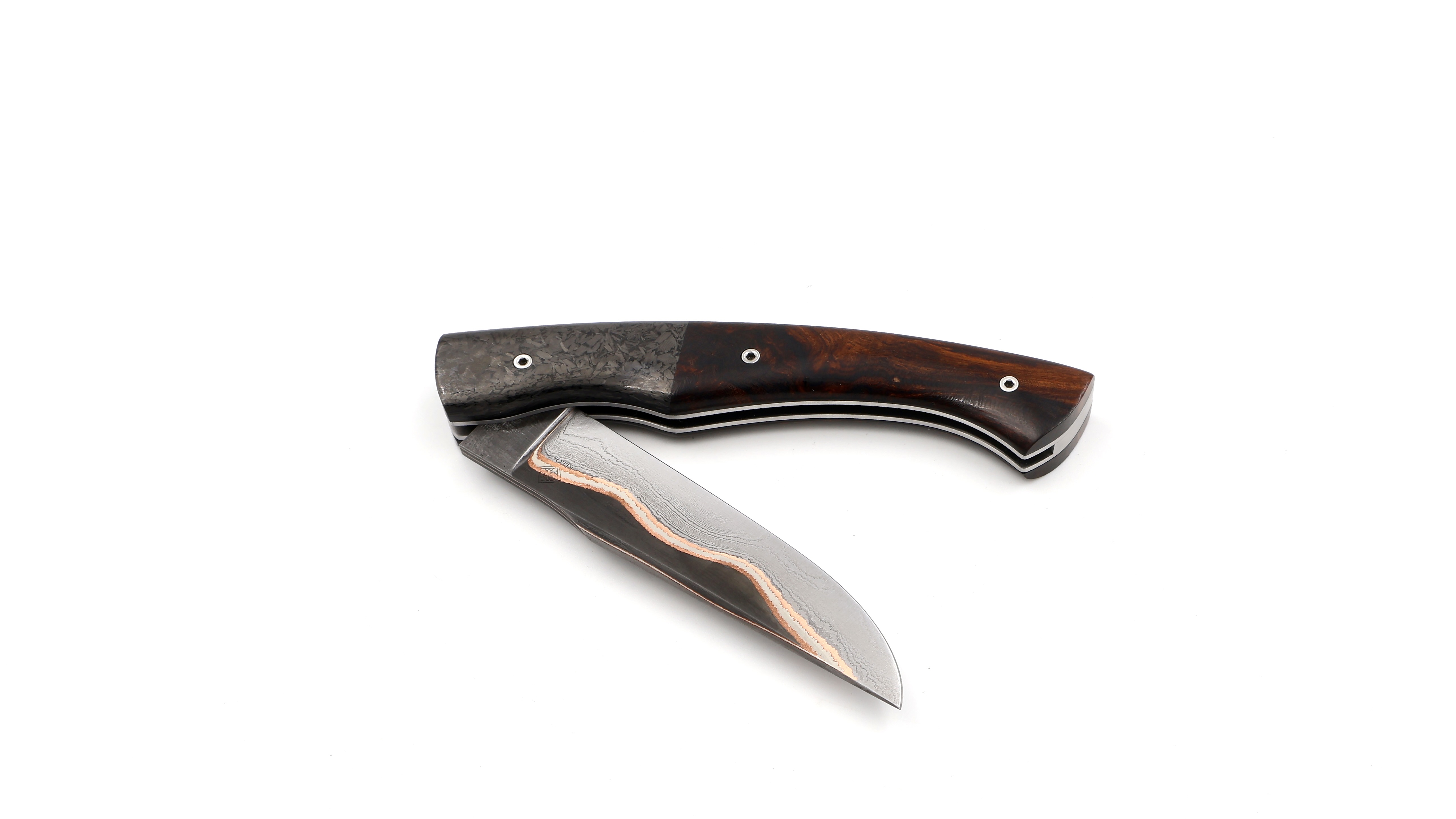 KLEOS folding knife LYKOS burl of iron wood/carbonfiber Volcanic River damascusblade Baker Forge