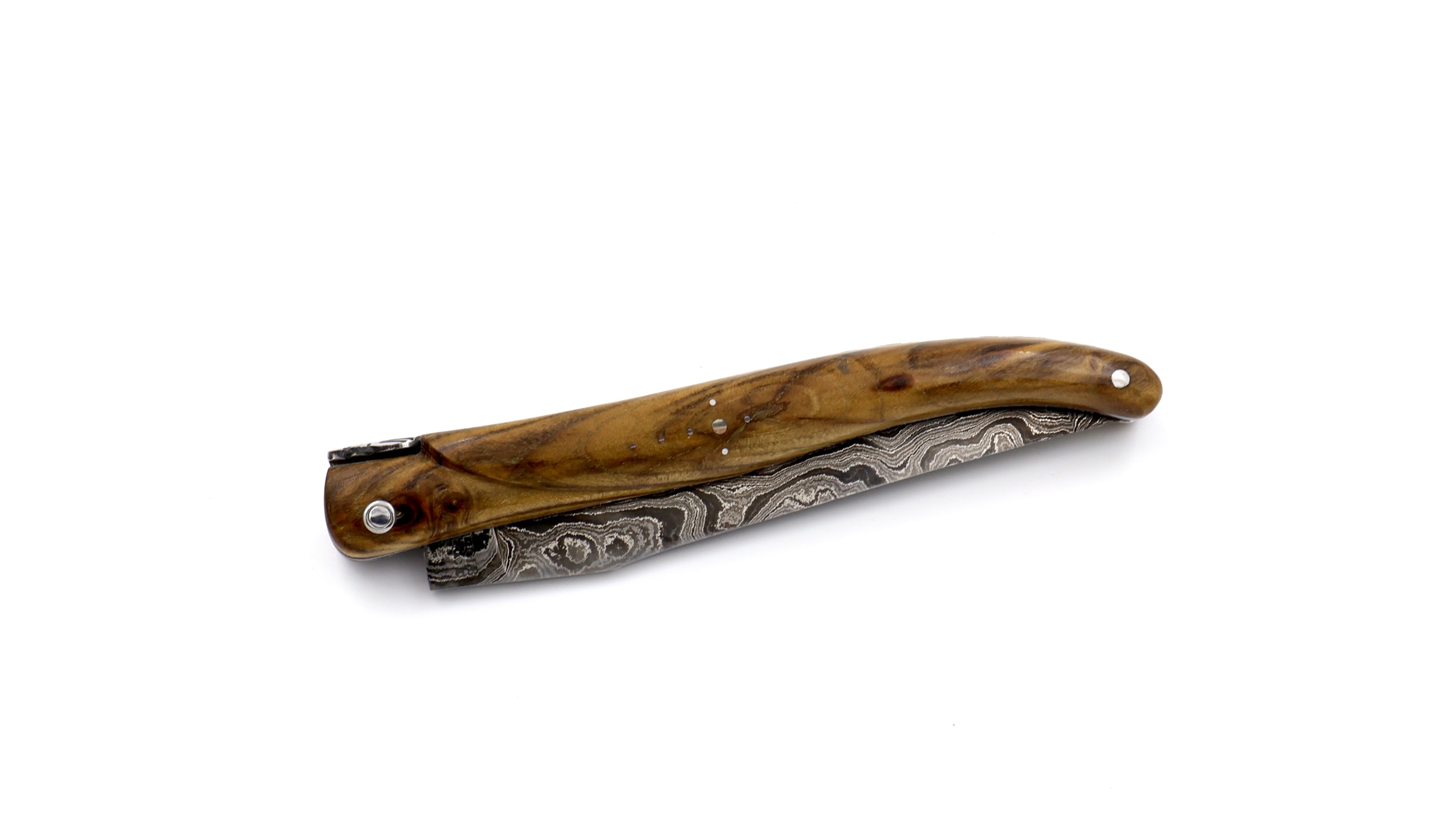 Laguiole en Aubrac double plates knife full handle Pistazio wood 12 cm damascus shiny