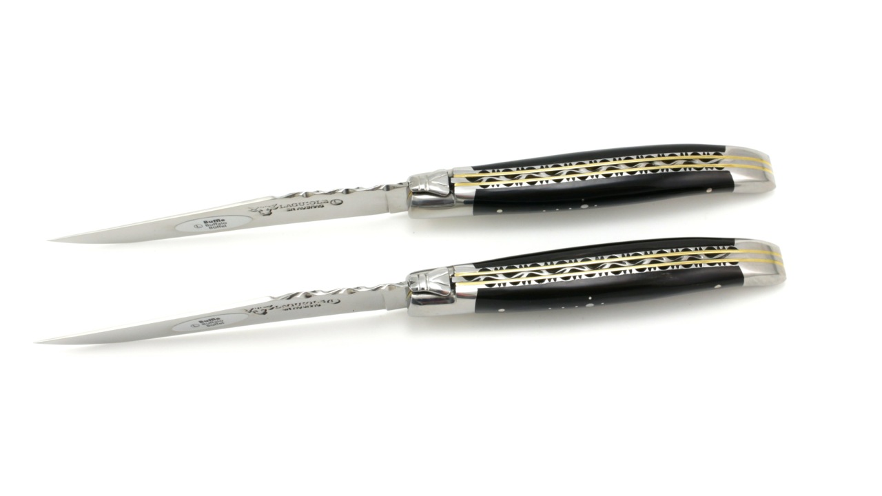 Laguiole en Aubrac Laguiole Doppelplatinen Steakmesser Büffelhorn Set 2-tlg.
