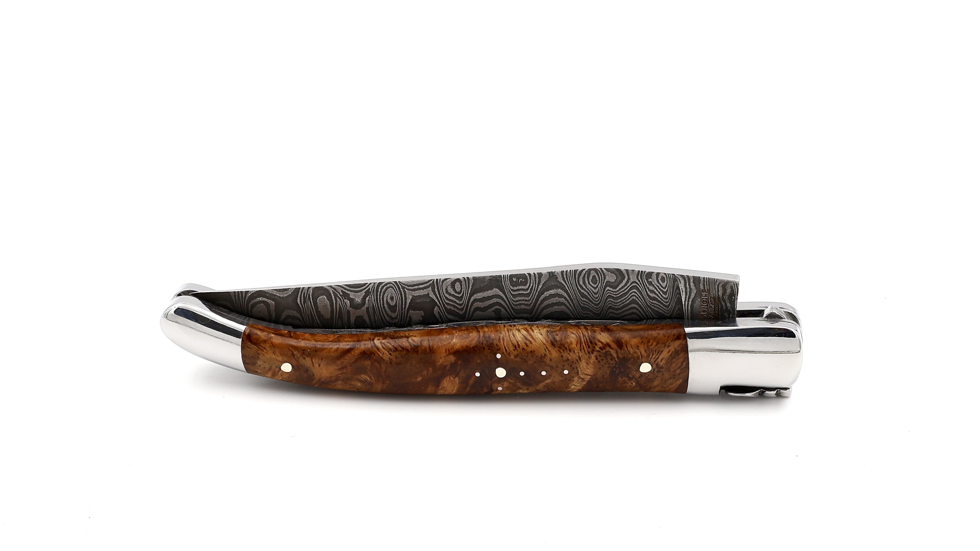 Laguiole en Aubrac Leiterdamast Amboina Wurzelholz poliert Doppelplatine 12 cm