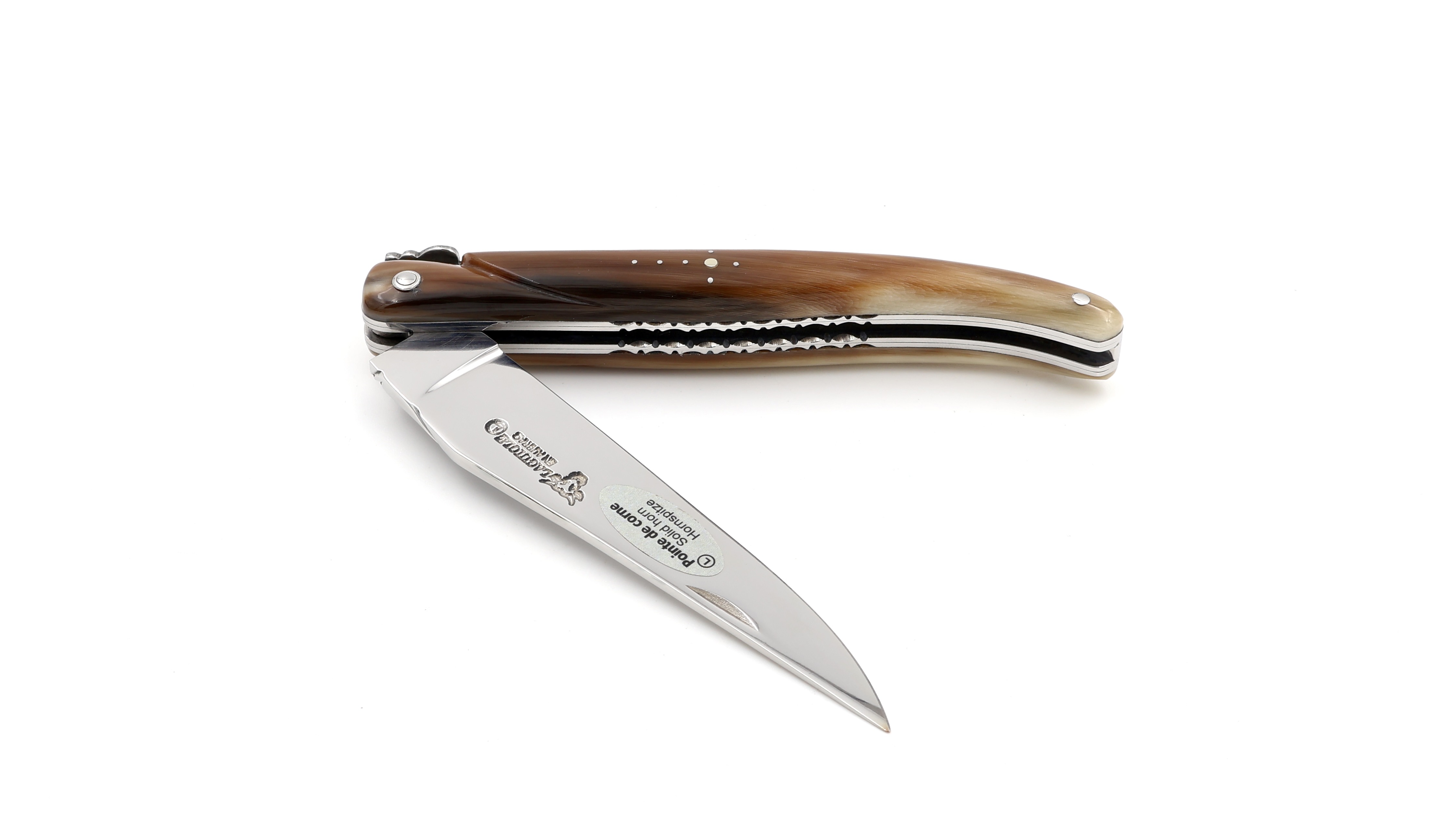 Laguiole en Aubrac Spiralfeder geflammte Hornspitze massiv Doppelplatine 12 cm 