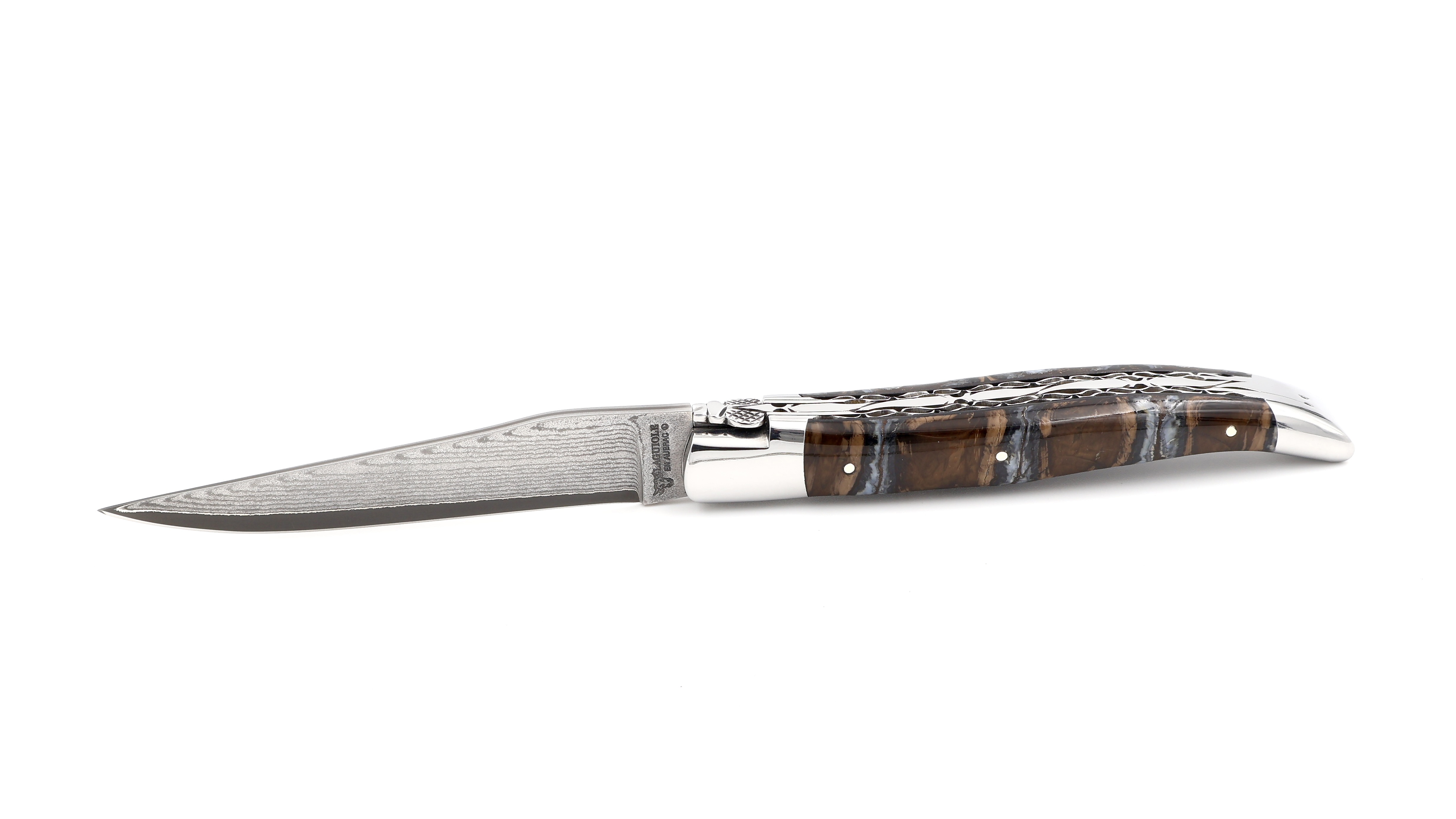 Laguiole en Aubrac jap. Damastklinge Mammutbackenzahn braun Doppelplatine 12 cm 