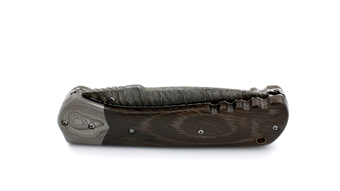 Olivier Moretti  Linerlock Taschenmesser Mooreiche Damastklinge 