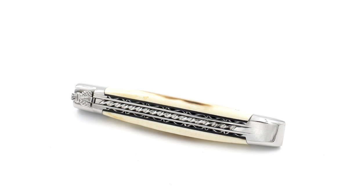 Laguiole en Aubrac twisted Damast Mammutelfenbein Kruste Doppelplatinen mit Spiralfeder 12 cm