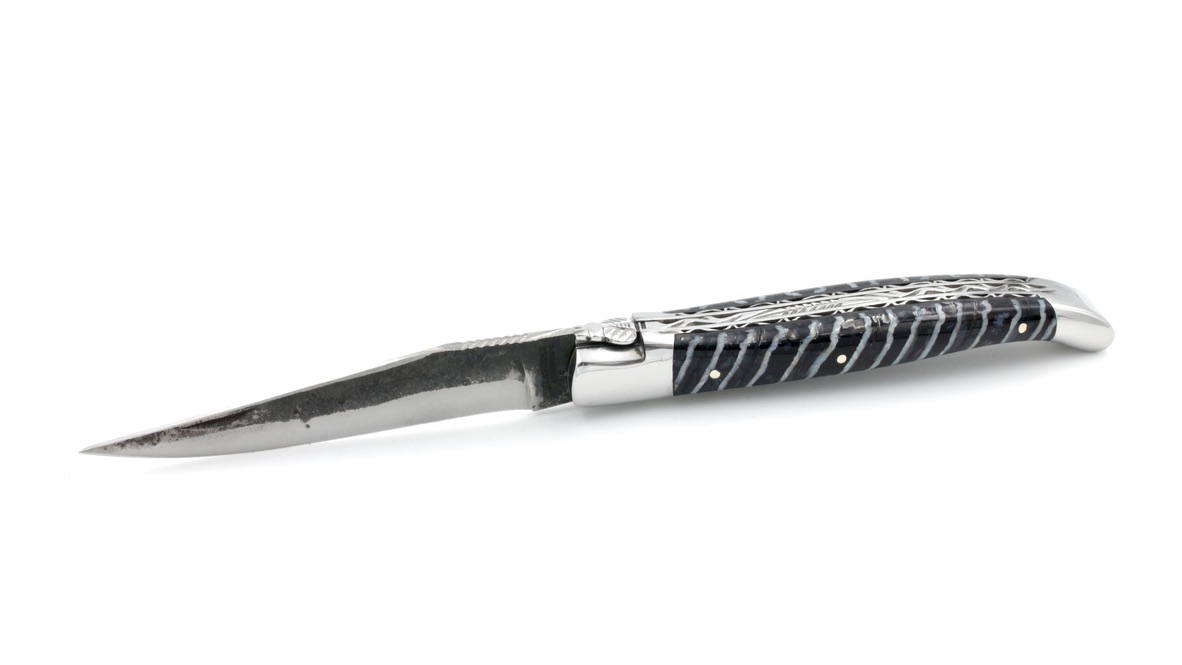 Laguiole en Aubrac double plate knife Brut de Forge Mammoth molar blue 12 cm