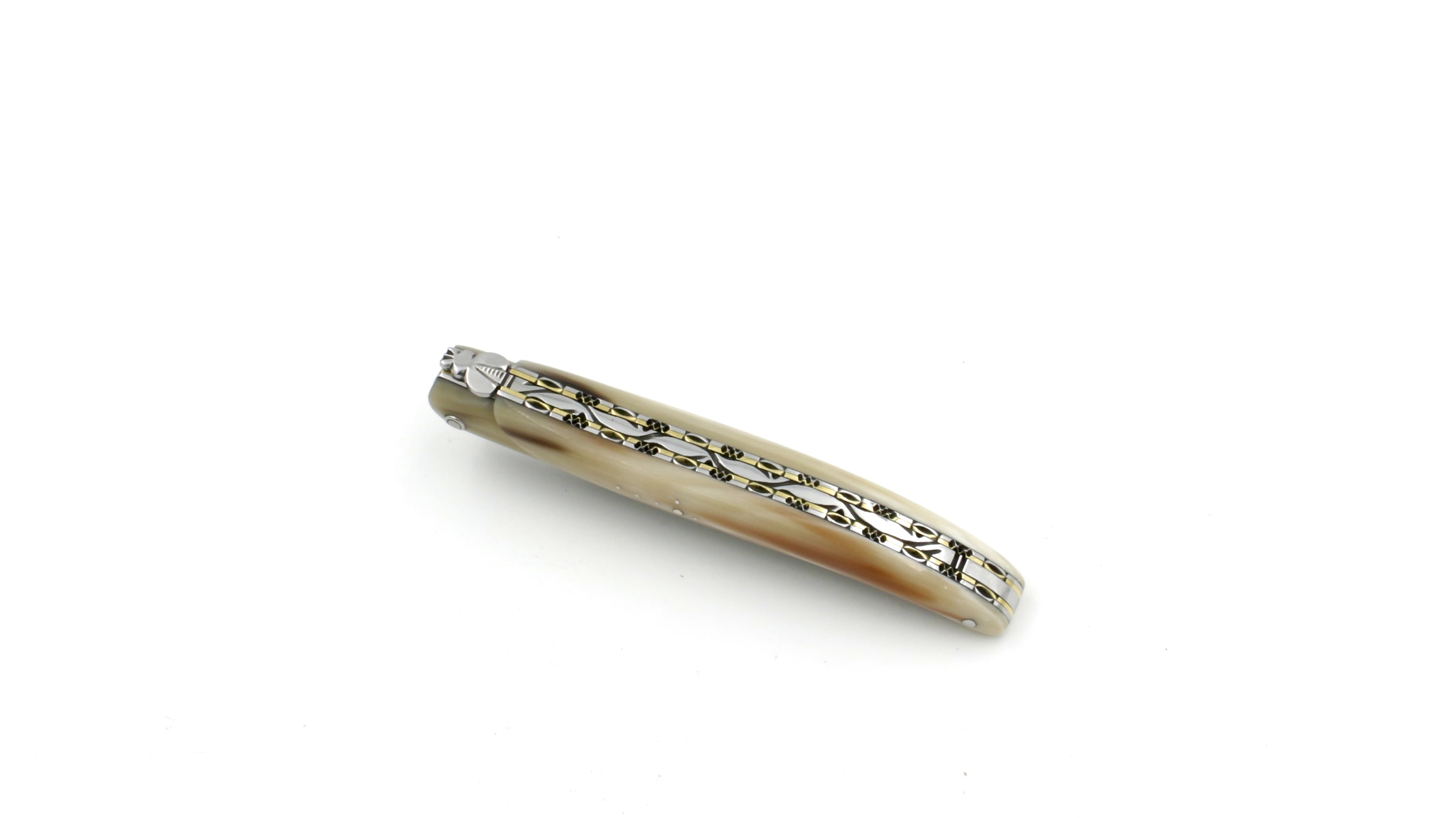 Laguiole en Aubrac double plates knife Brut de Forge Horn tip full handle brass plates 12 cm