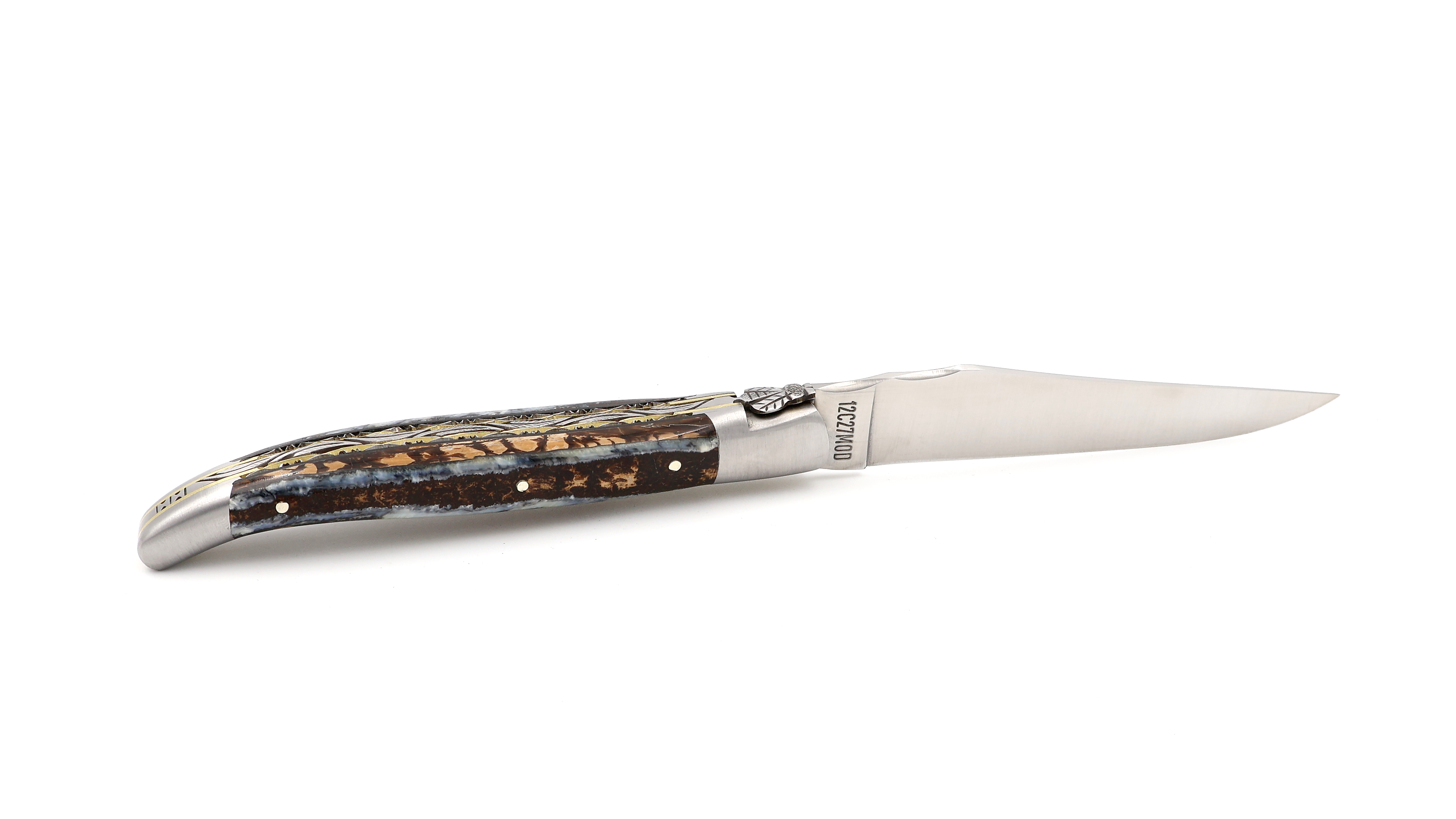 Laguiole en Aubrac unique piece double plate knife Mammoth ivory 12 cm