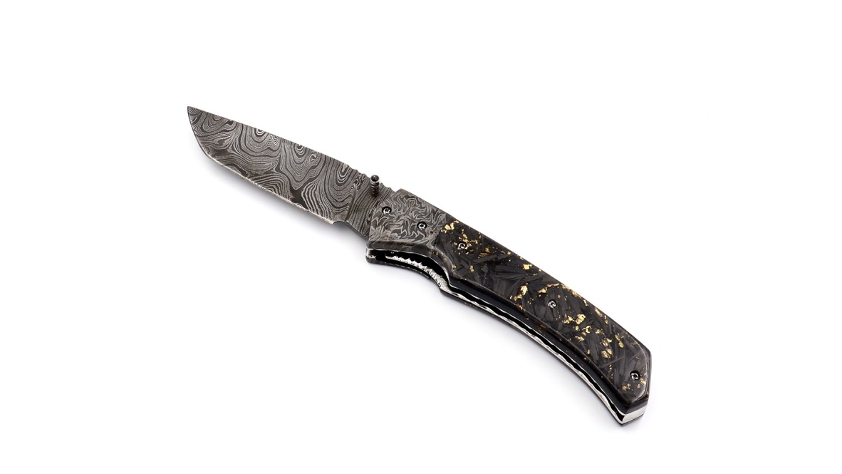 Olivier Moretti  Linerlock Taschenmesser Carbonfiber Damastklinge 