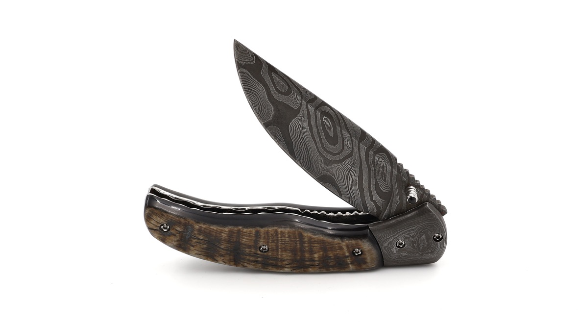 Olivier Moretti  Linerlock Taschenmesser Widderhorn Damastklinge  