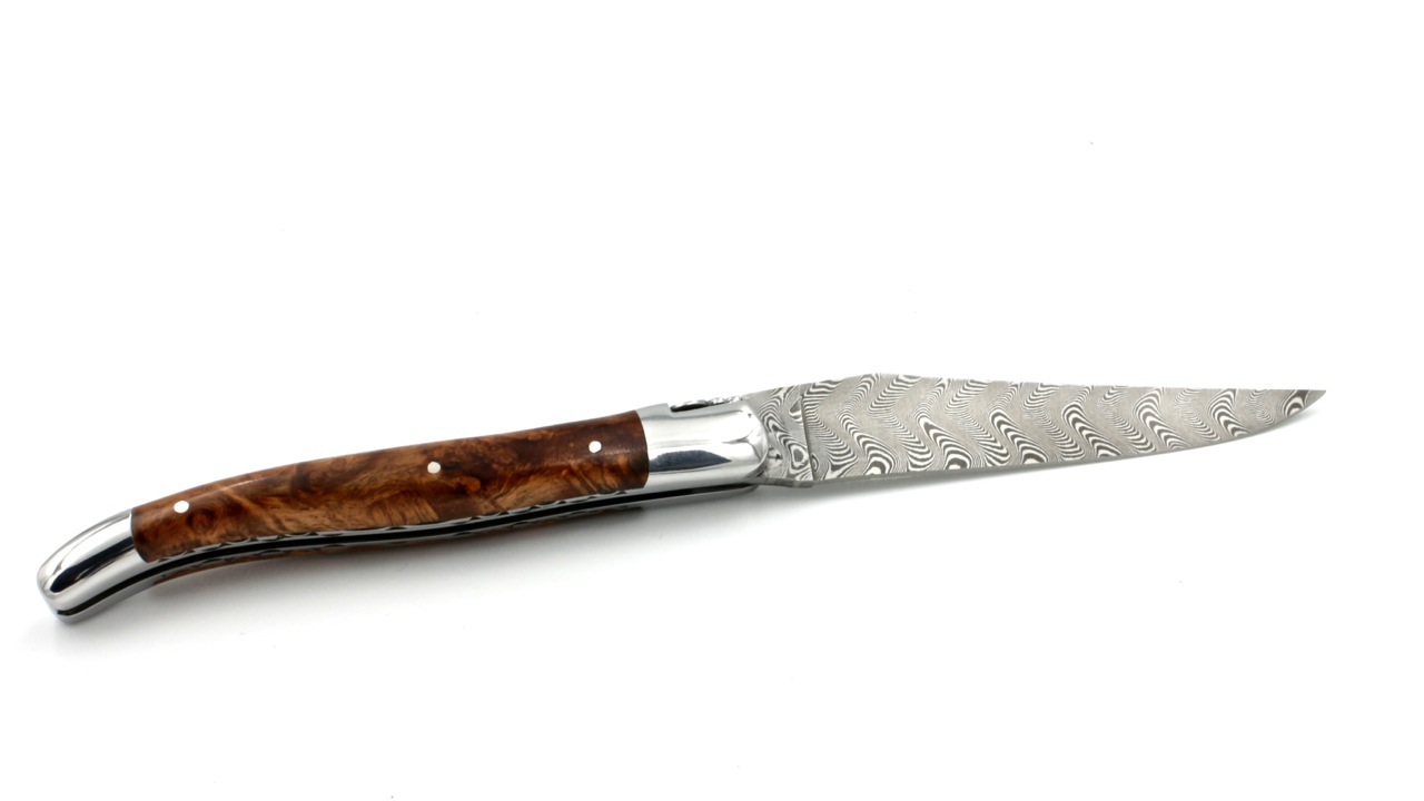 Laguiole en Aubrac damascus amboina burlwood shiny with double plates 12 cm