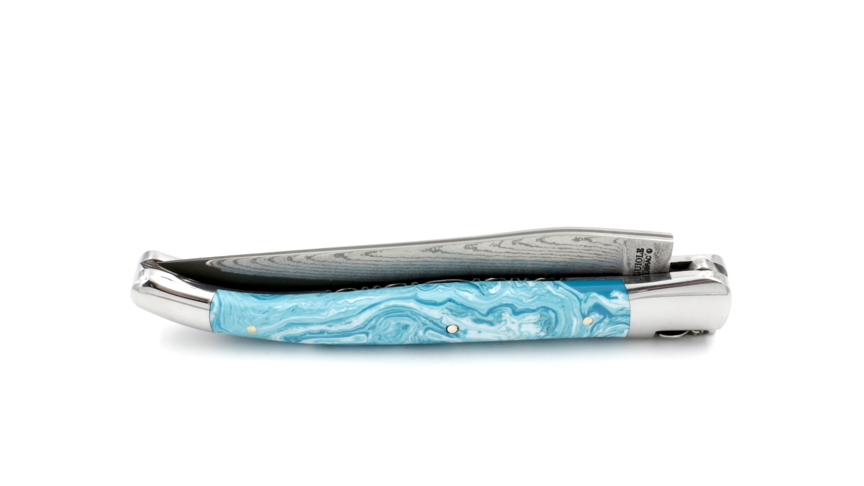 B29BD265-1B14-48F6-B71C-99040C959252_1_201_a Laguiole en Aubrac knife jap. damascus turquoise stabilized stone with chiseled plates 12 cm