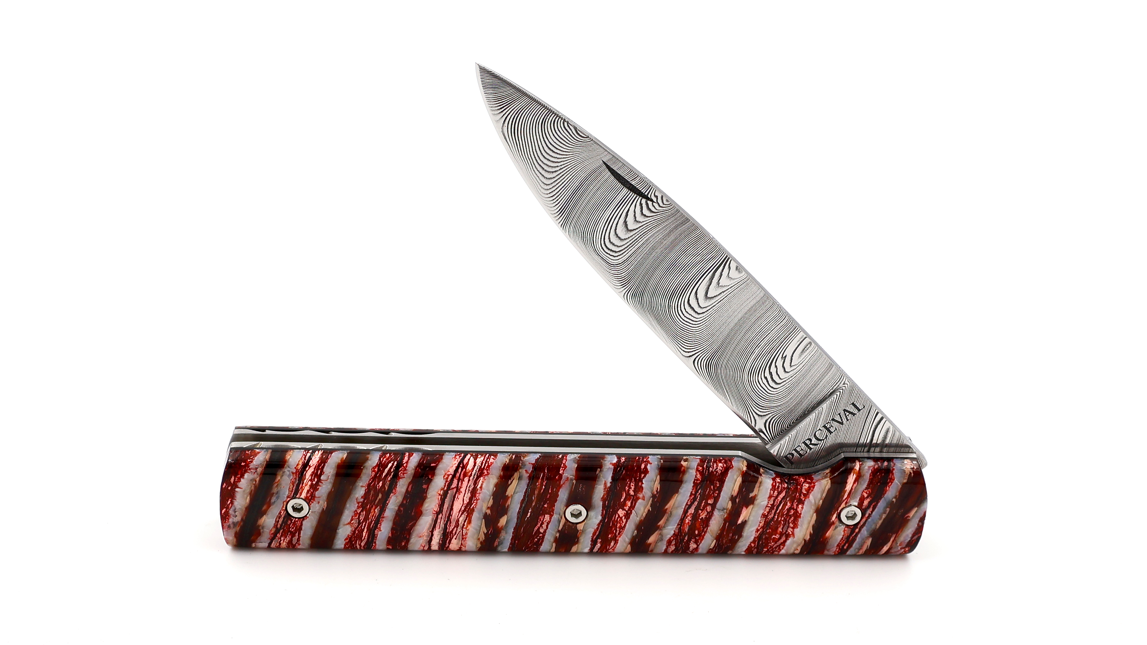 PERCEVAL Le Francais red Mammoth tusk with guillochage damascus blade