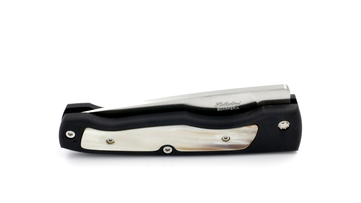 Saladini knife bushcraft pocket knife anidized aluminium and horntip inlay