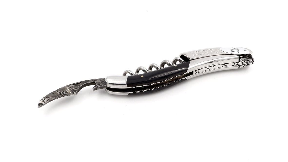 Laguiole en Aubrac Sommeliermesser - Damast-Kapselschneider Büffelhorn guillochiert besondere Biene