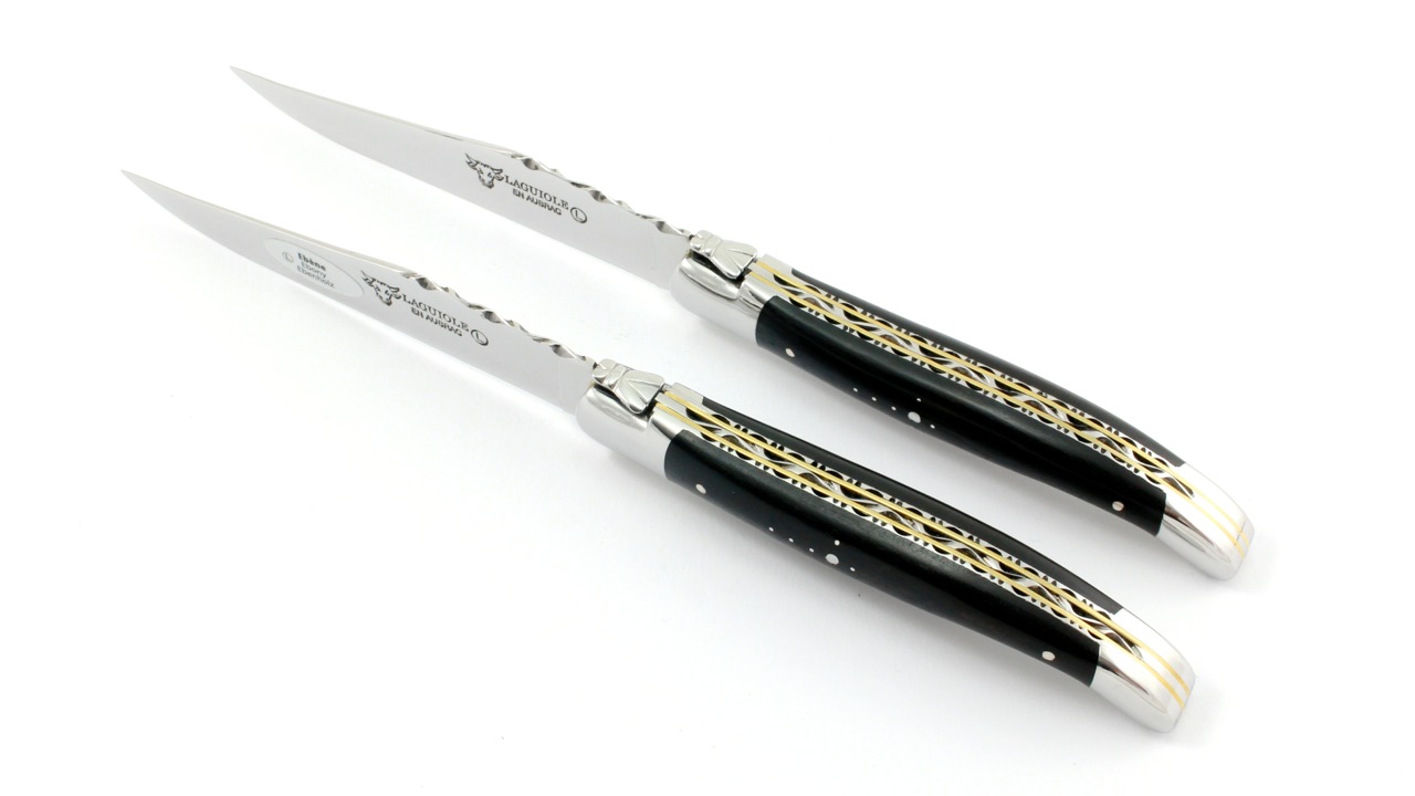 Steakmesser-DP-Ebenholz-poliert-3 Laguiole en Aubrac Laguiole Doppelplatinen Steakmesser Ebenholz Set 2-tlg. poliert