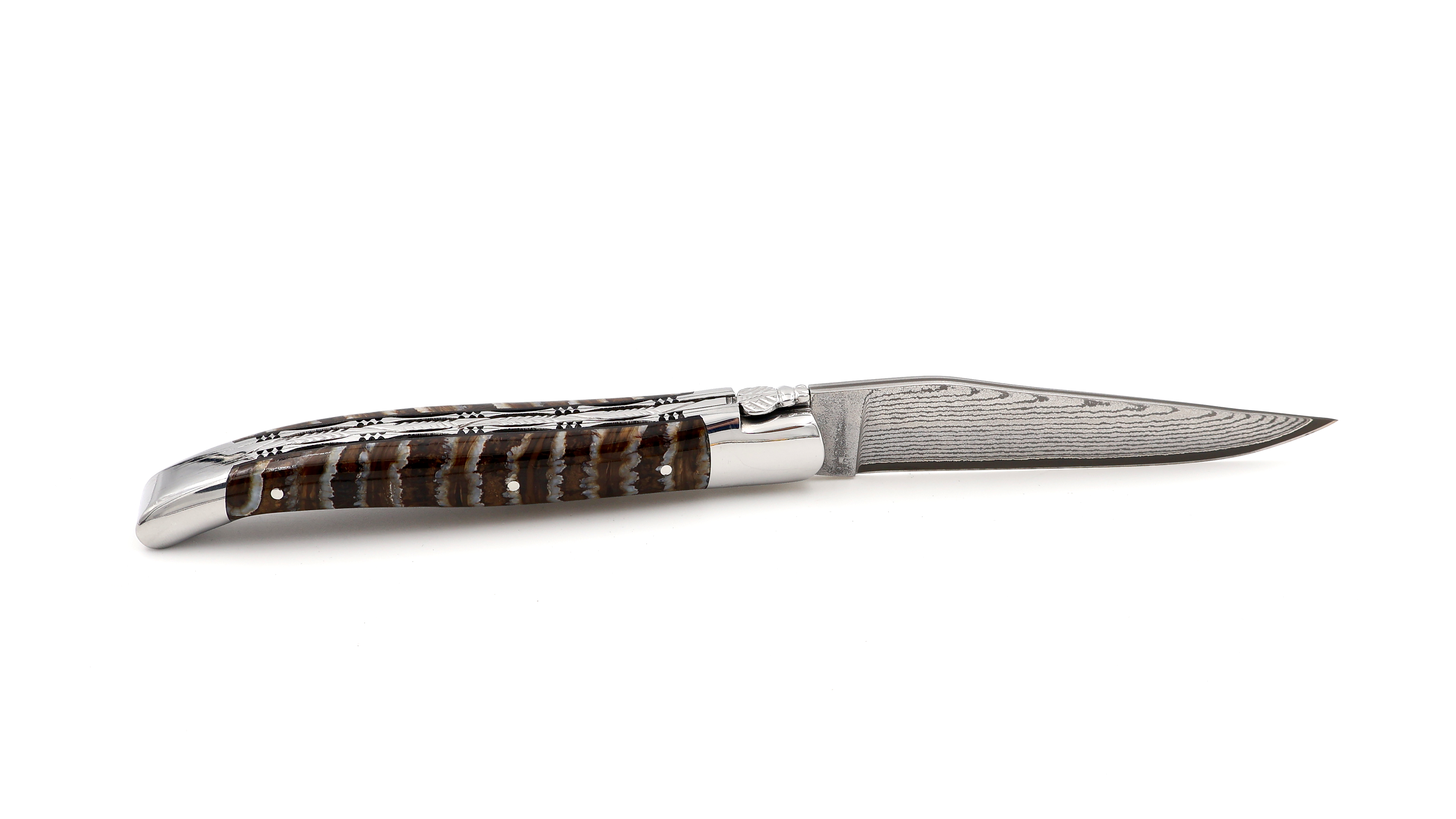 Laguiole en Aubrac double plate knife jap. damascus Mammoth molar brown 12 cm