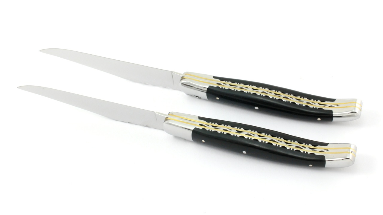 Steakmesser-DP-Ebenholz-poliert-4 Laguiole en Aubrac Laguiole Doppelplatinen Steakmesser Ebenholz Set 2-tlg. poliert