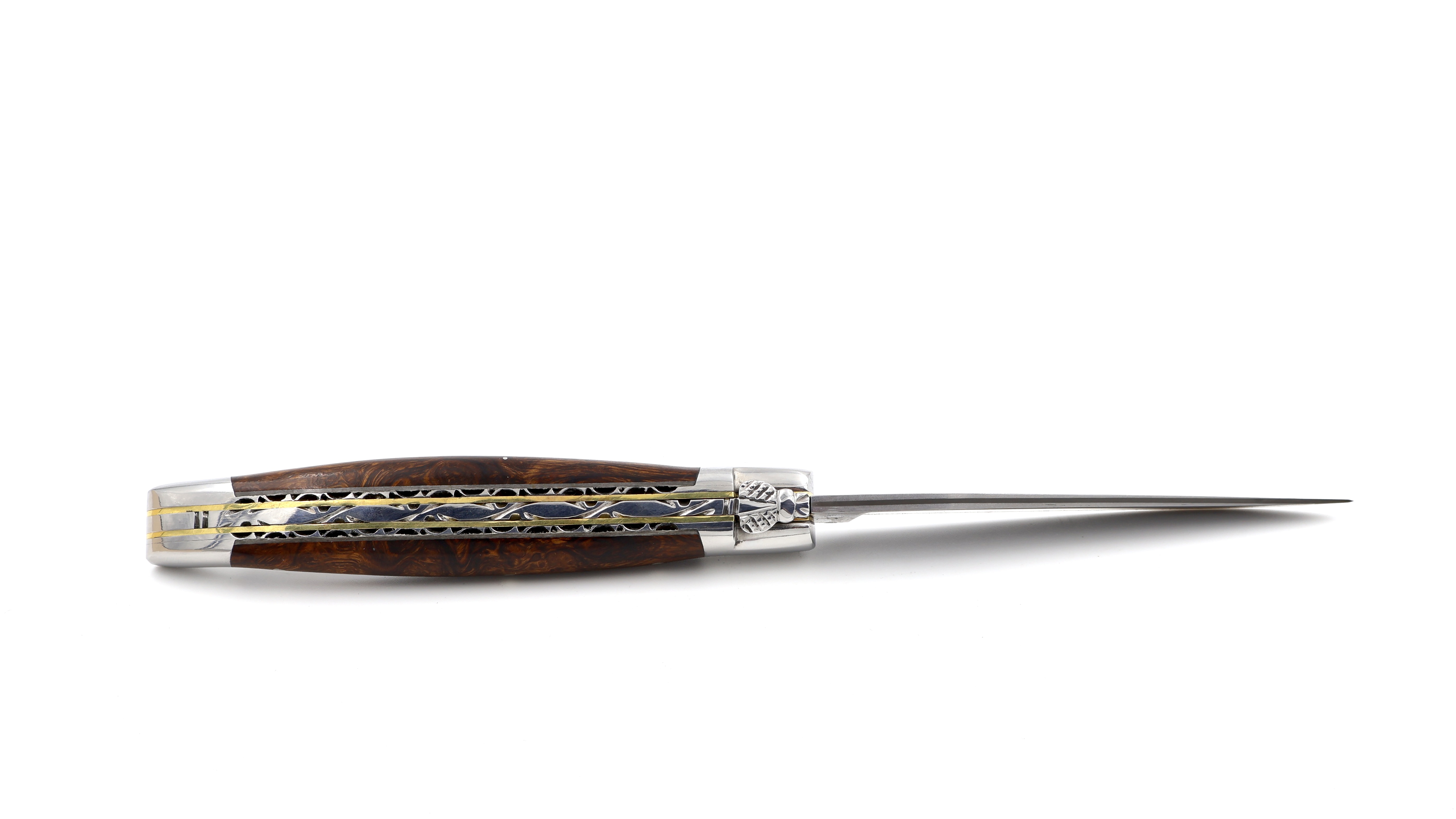 Laguiole en Aubrac double plate knife jap. damascus with brass plates Ironwood shiny 12 cm