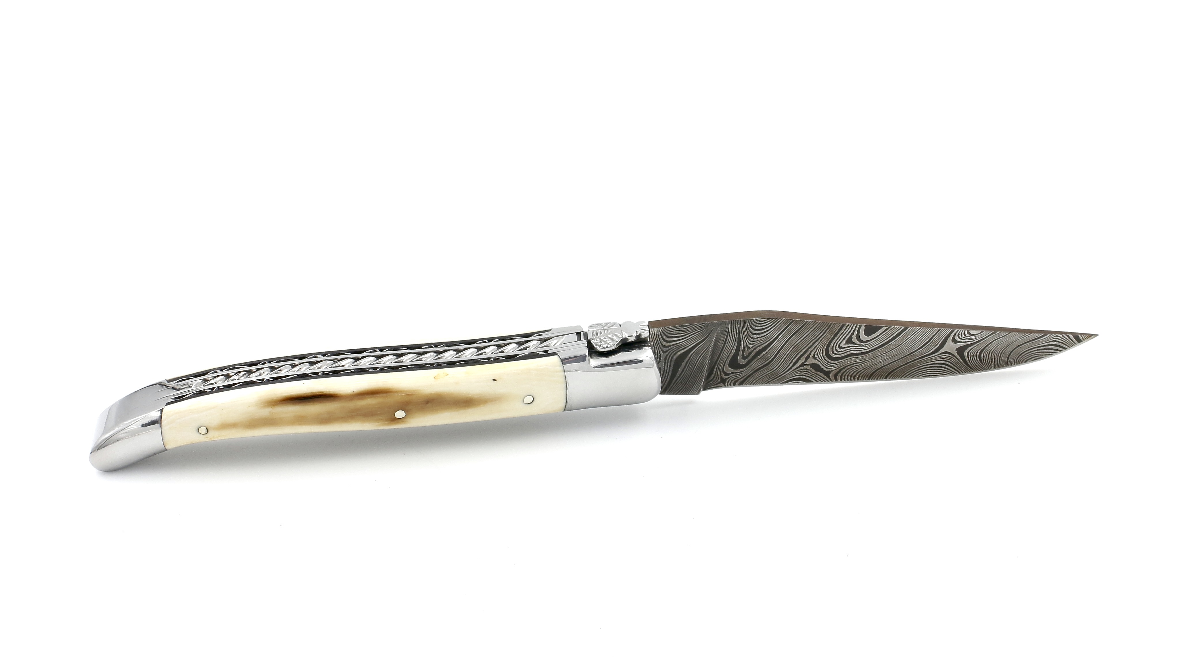 Laguiole en Aubrac twisted Damast Mammutelfenbein Kruste Doppelplatinen mit Spiralfeder 12 cm