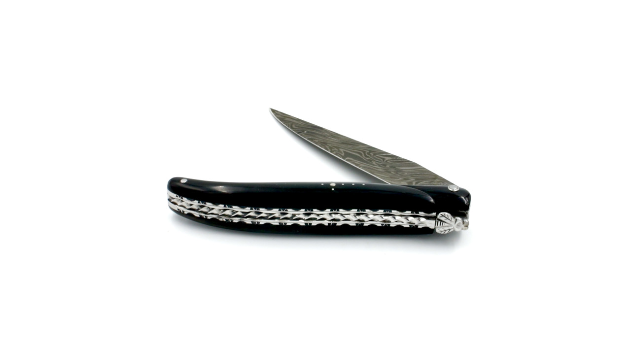 Laguiole en Aubrac Explosionsdamast Spiralfeder Büffelhorn massiv Doppelplatine 12 cm