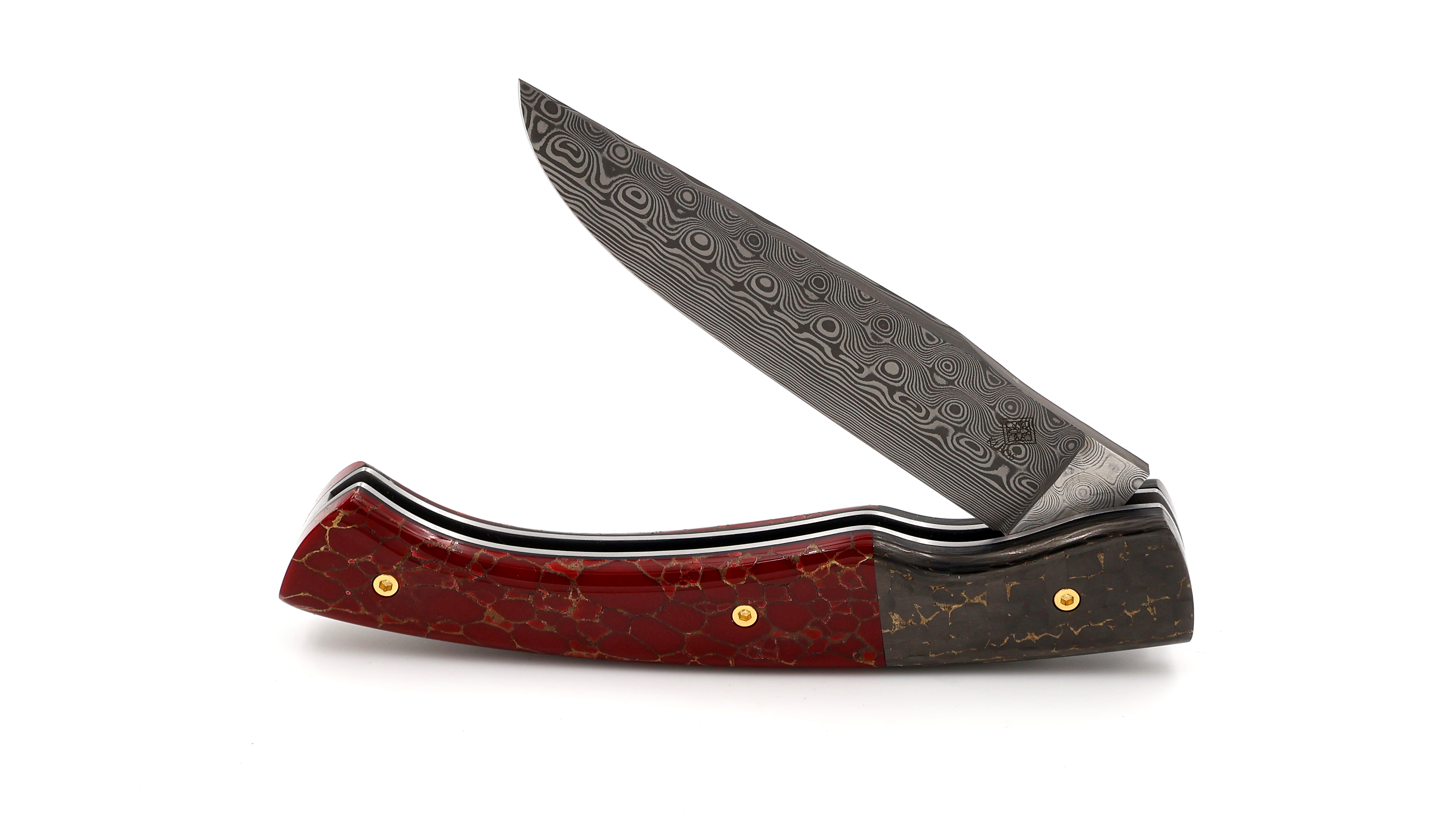 KLEOS folding knife LYKOS FAT Carbon and red stone rose damascus