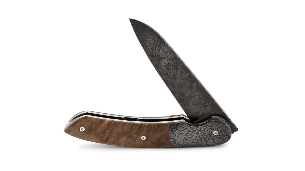 Benjamin Hée Liner-Lock knife walnut burl wood Achim Wirtz damascus 12 cm 