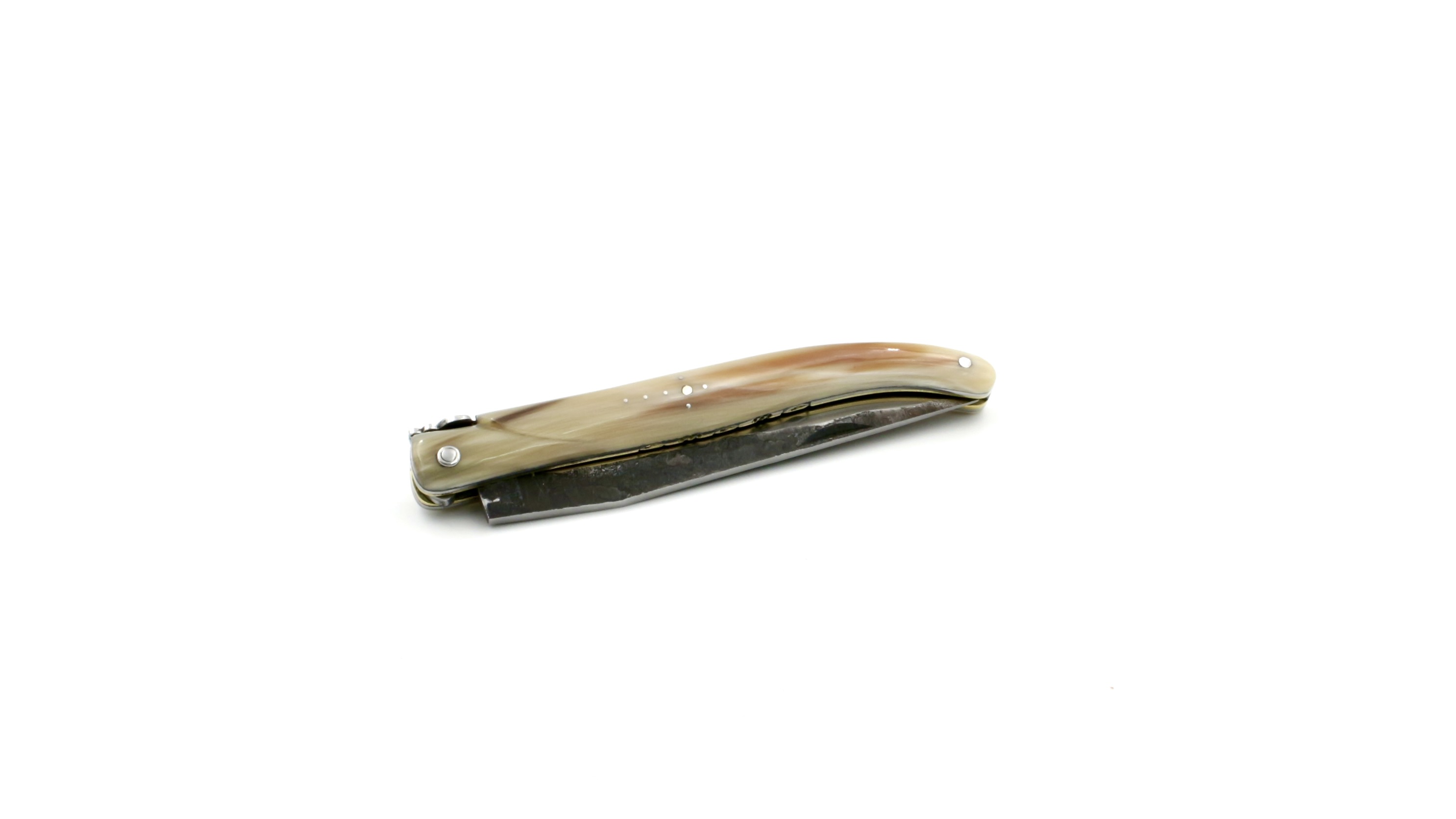 Laguiole en Aubrac double plates knife Brut de Forge Horn tip full handle brass plates 12 cm