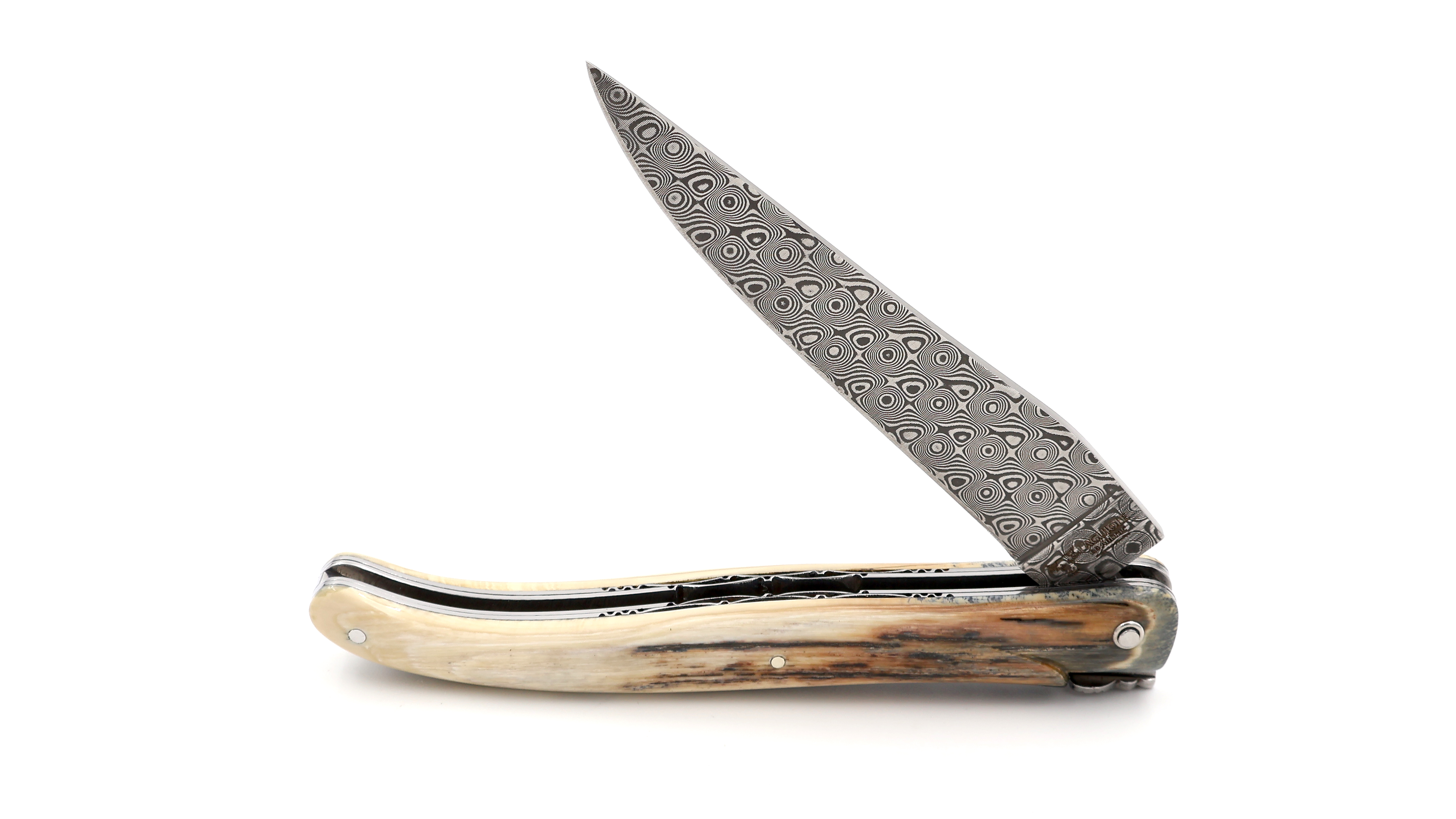 Laguiole en Aubrac double plates knife DSC® Rose Damascus full handle Mammoth ivory crust 12 cm