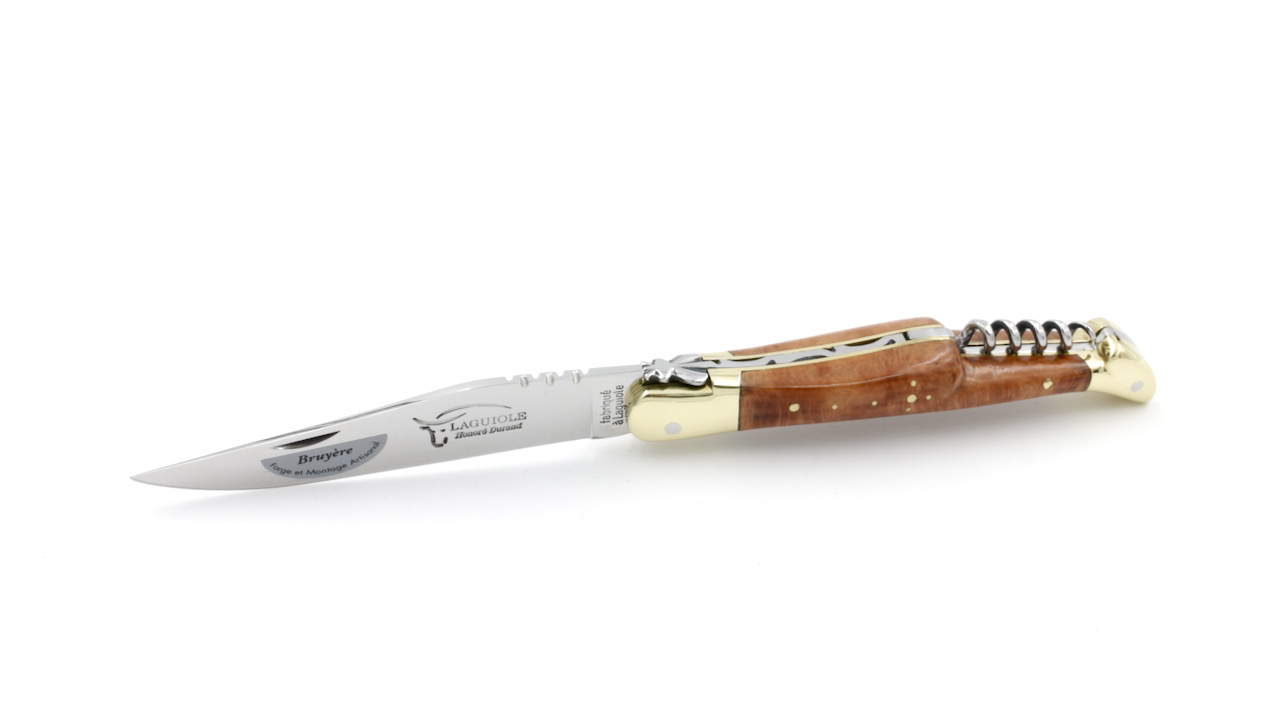 Honoré Durand Laguiole knife Prestige bruyére wood brass bolsters corkscrew 12 cm shiny