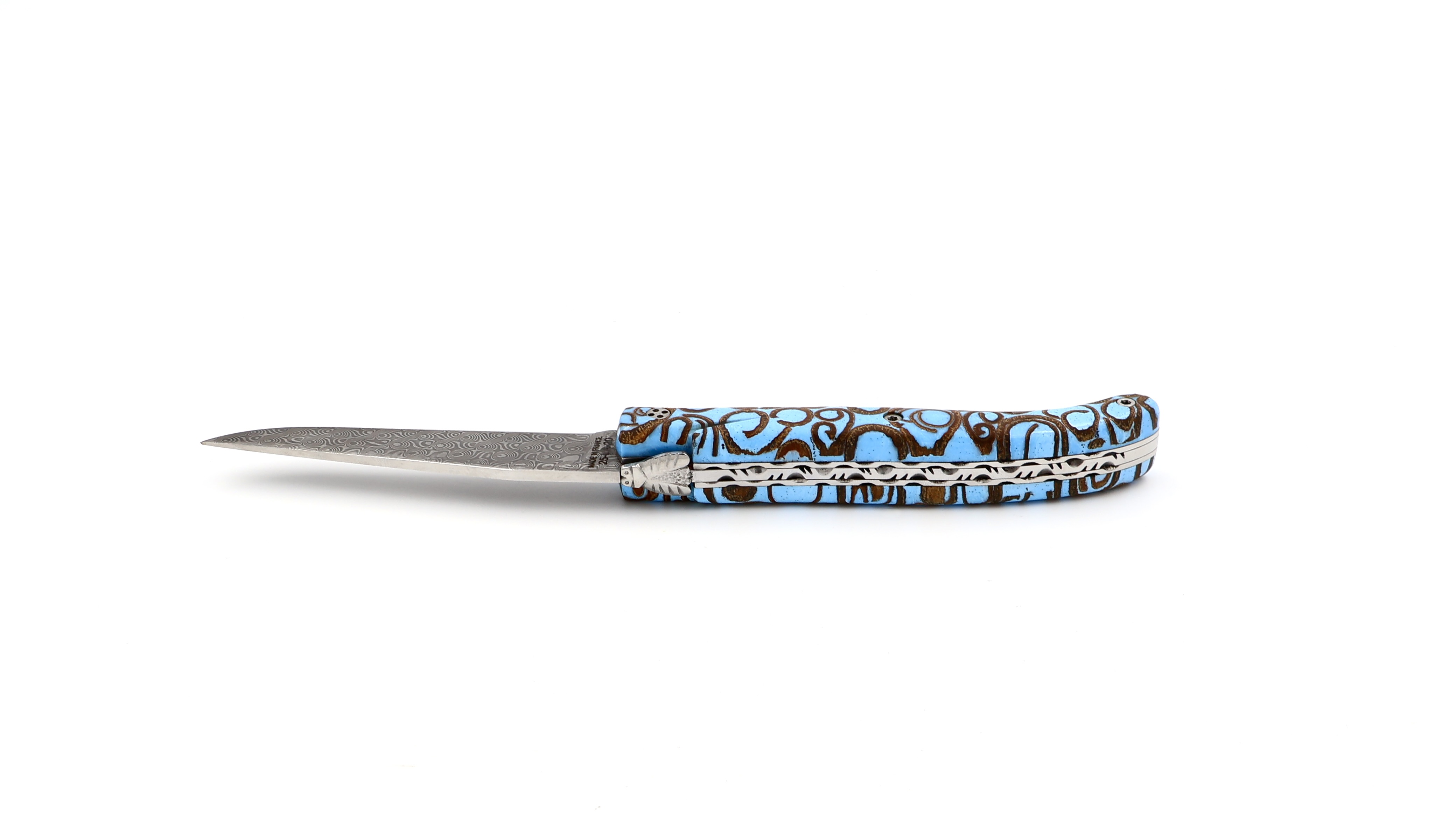 Claude DOZORME Laguiole Canella lightblue 12 cm damascus Claude DOZORME Laguiole Canella lightblue 12 cm damascus