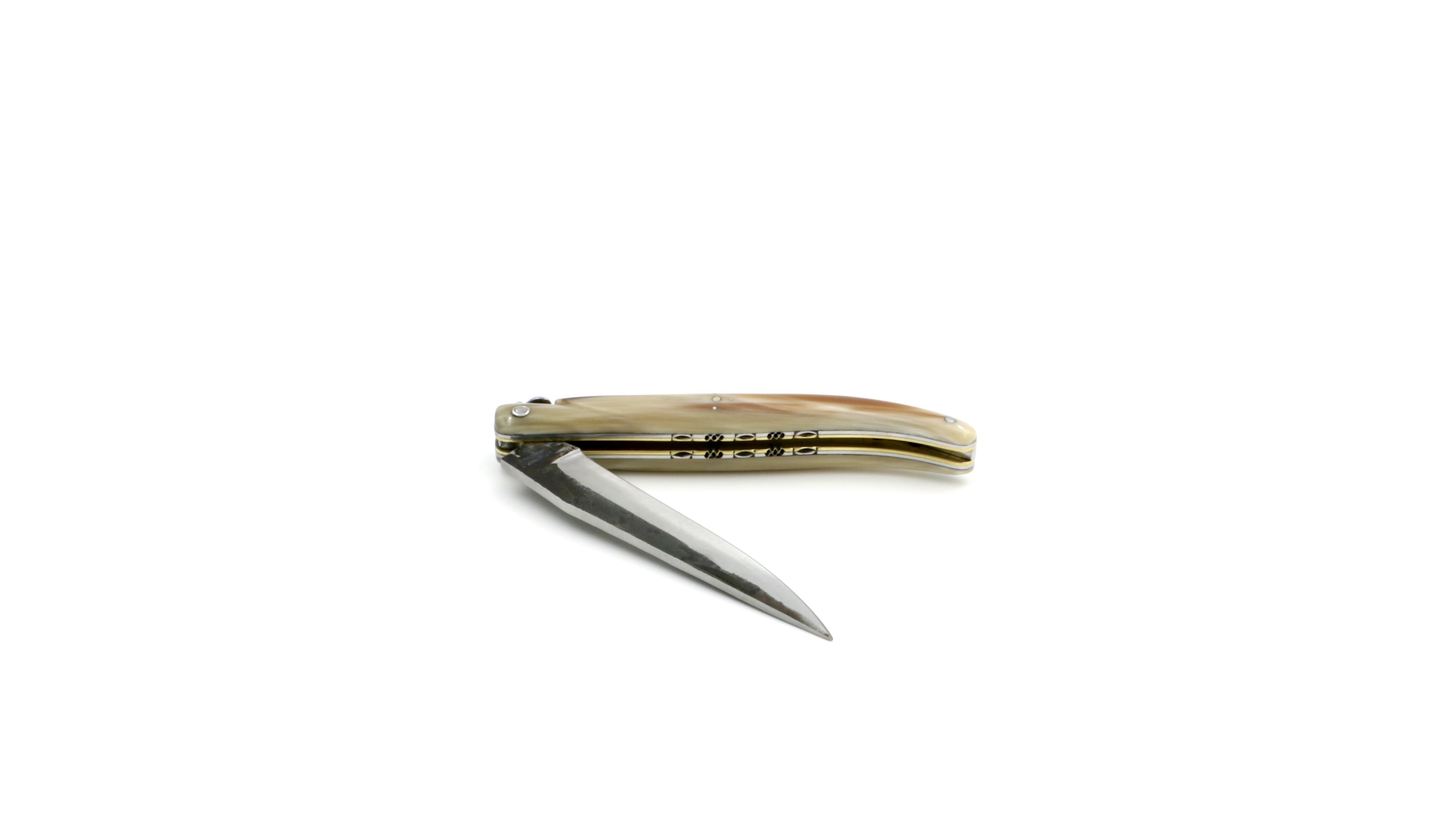 Laguiole en Aubrac double plates knife Brut de Forge Horn tip full handle brass plates 12 cm