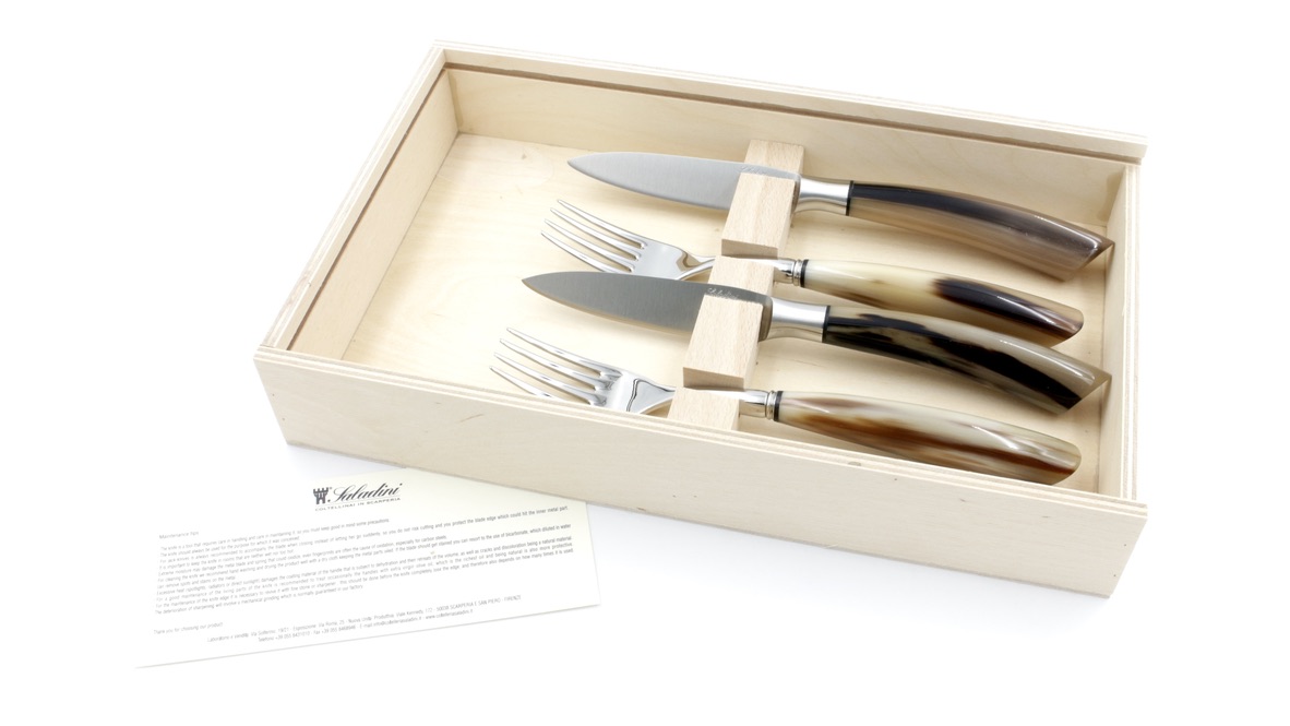 Saladini 2 Steak knives 2 forks buffalo horntip shiny set for two persons
