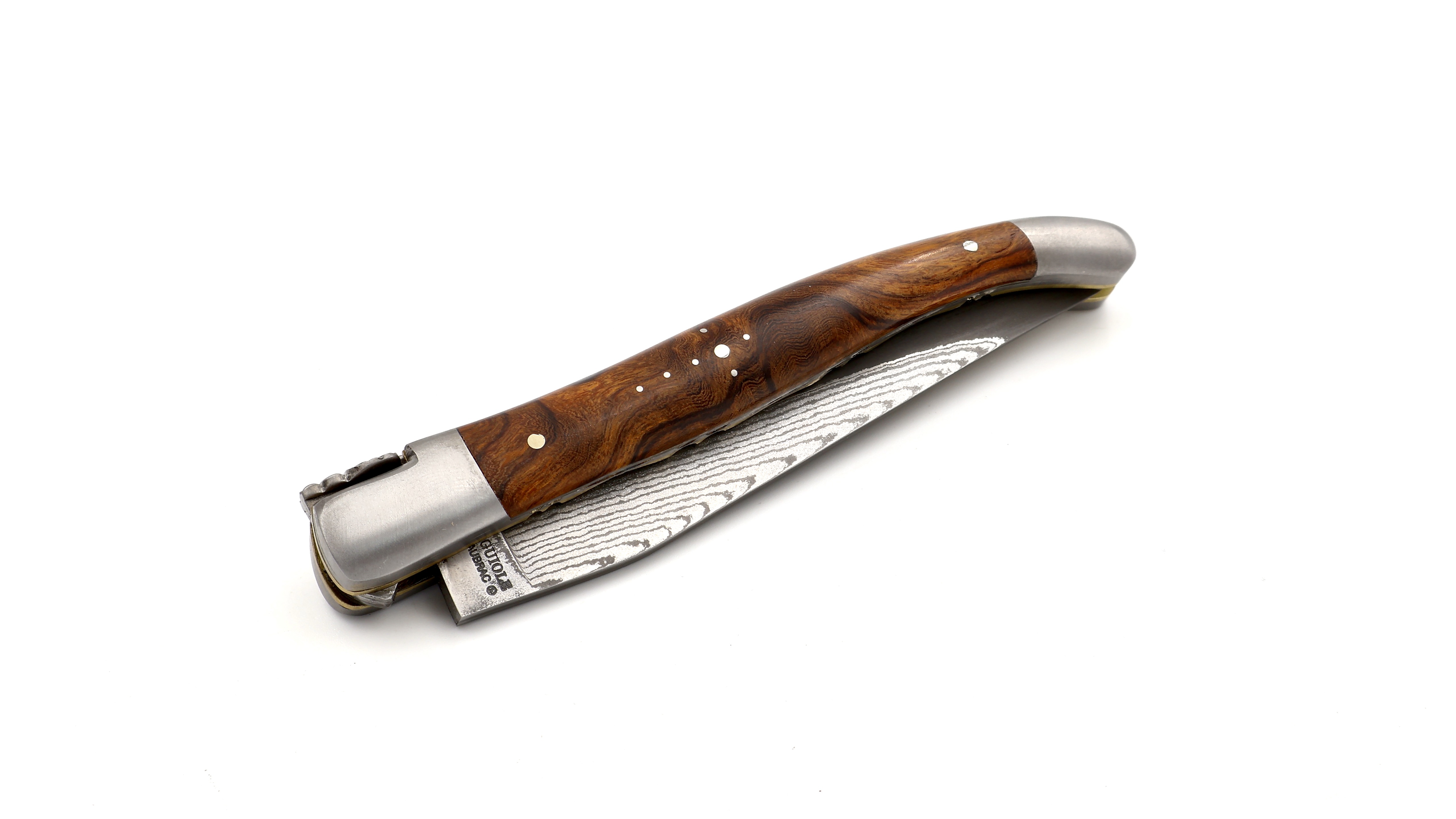 Laguiole en Aubrac double plate knife jap. damascus with brass plates Ironwood 12 cm