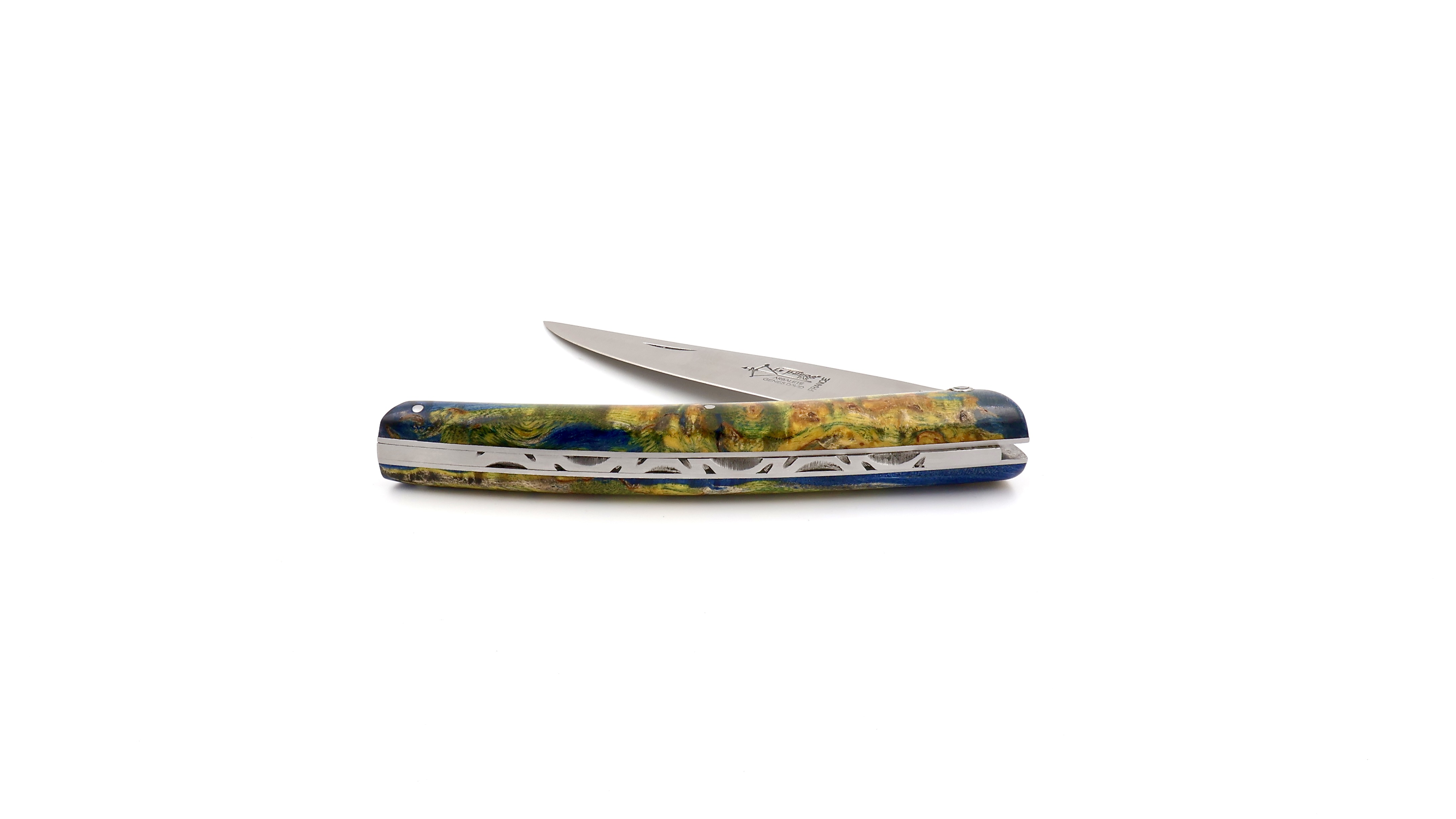 ARBALETE G. David  Thiers knife blue stabilized birch burlwood