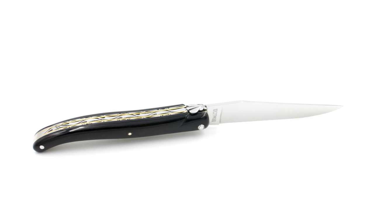 Laguiole en Aubrac double plates knife full handle with brass plates buffalo horn 12 cm