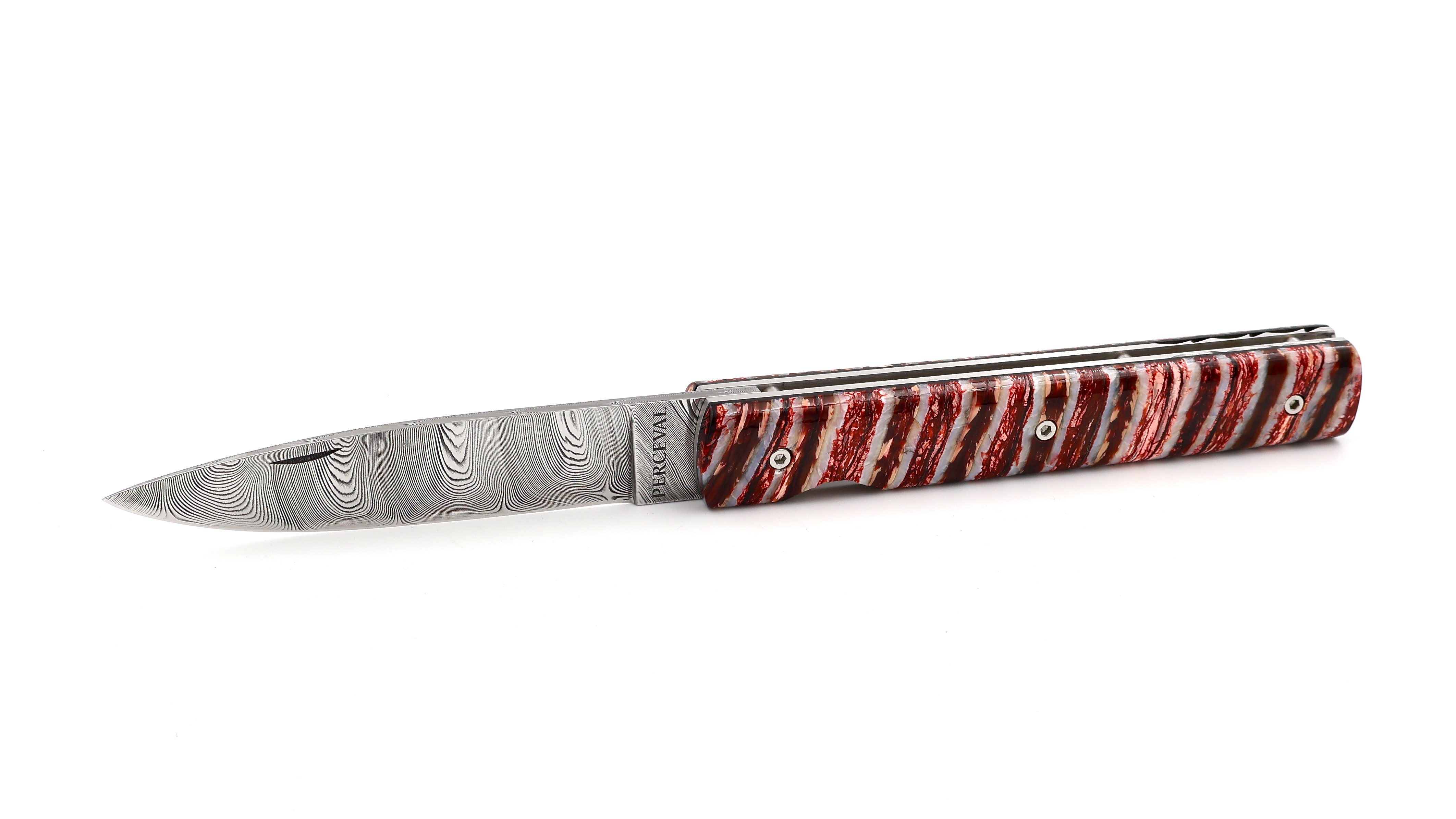 PERCEVAL Le Francais red Mammoth tusk with guillochage damascus blade