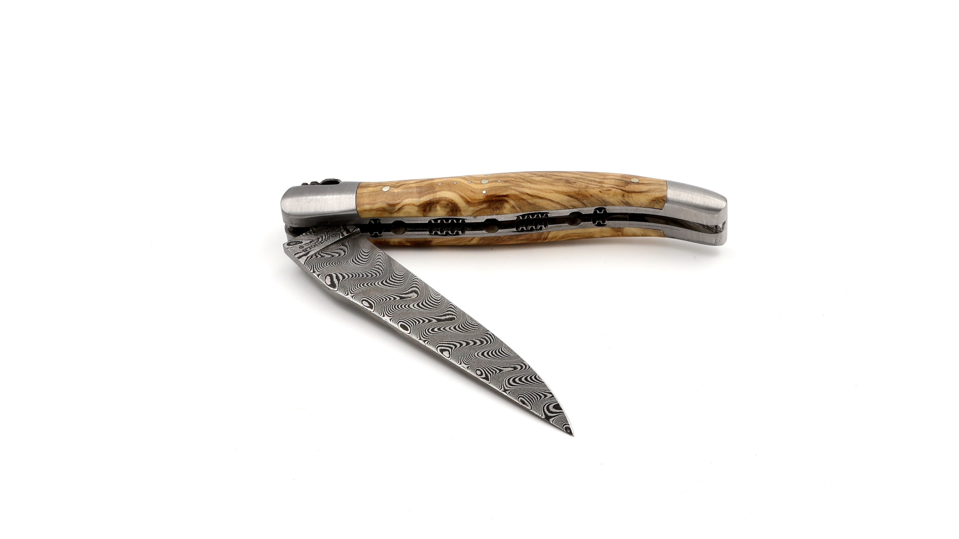 Laguiole en Aubrac damascus olive wood with double plates 12 cm mat Laguiole en Aubrac damascus olive wood with double plates 12 cm mat