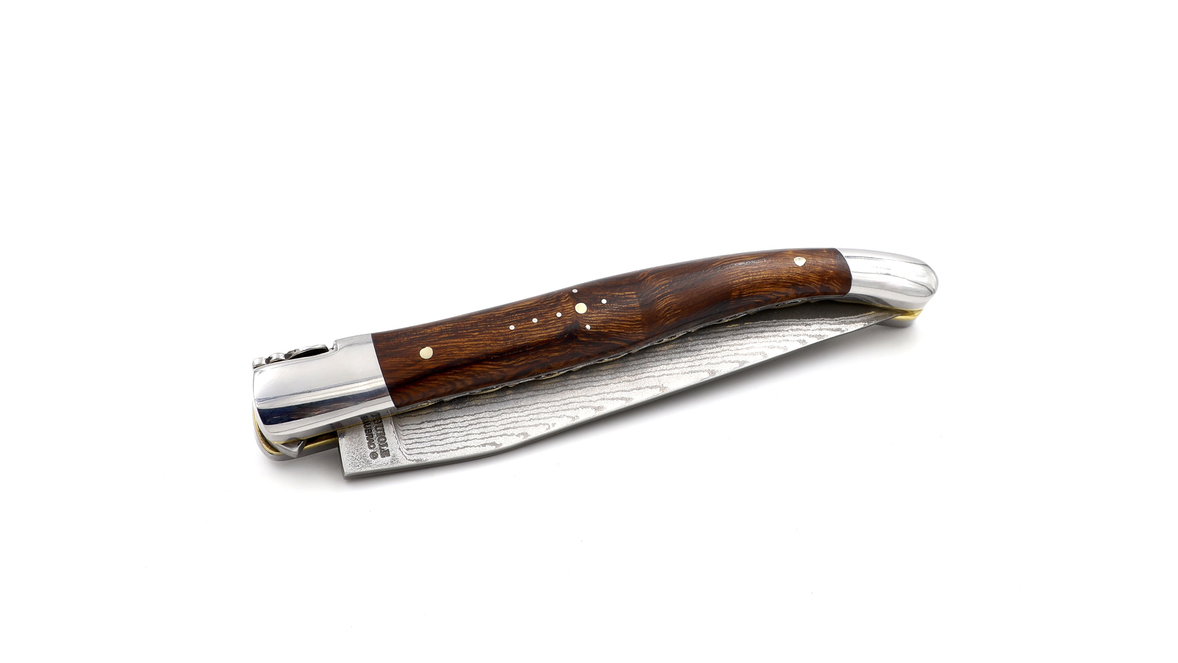 Laguiole en Aubrac double plate knife jap. damascus with brass plates Ironwood shiny 12 cm