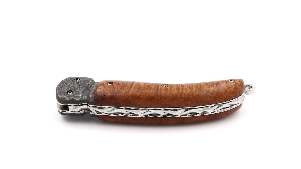 Olivier Moretti Linerlock Taschenmesser Bruyére-Wurzelholz Damastklinge 