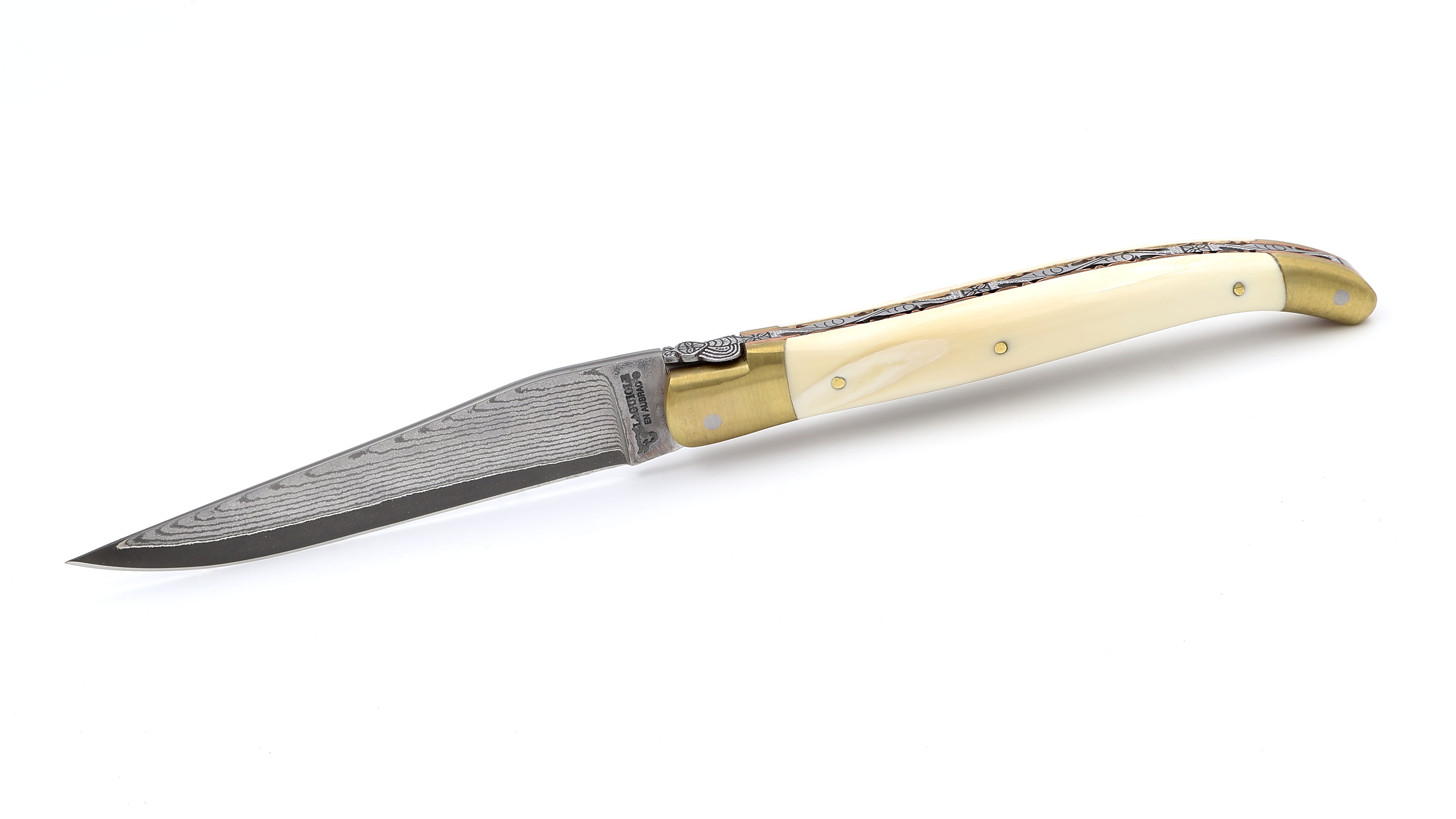 Laguiole en Aubrac knife BIJOU  jap. damascus warthog with chiseled plates 12 cm
