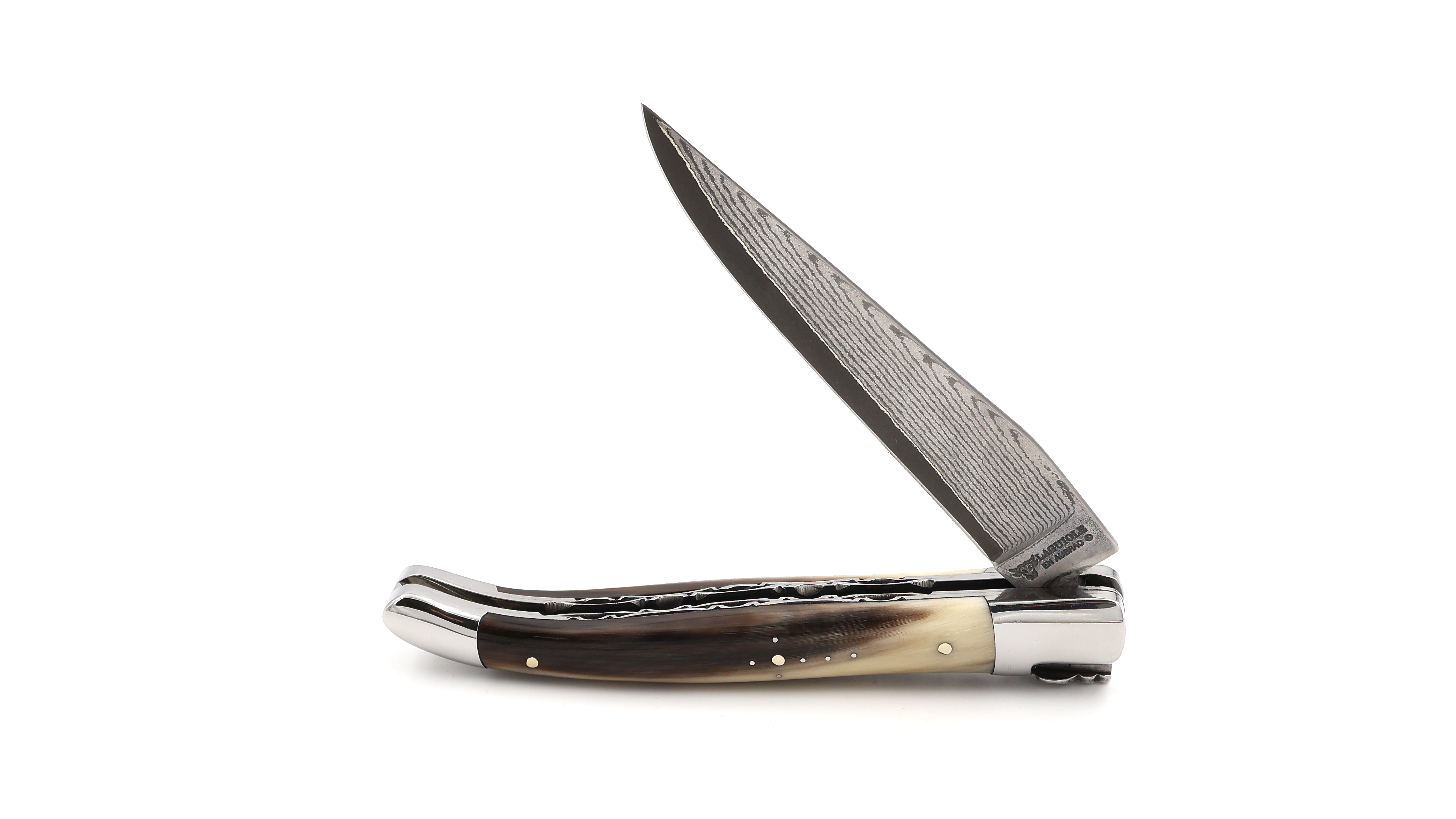 Laguiole en Aubrac jap. Damastklinge geflammte Hornspitze Doppelplatine 12 cm