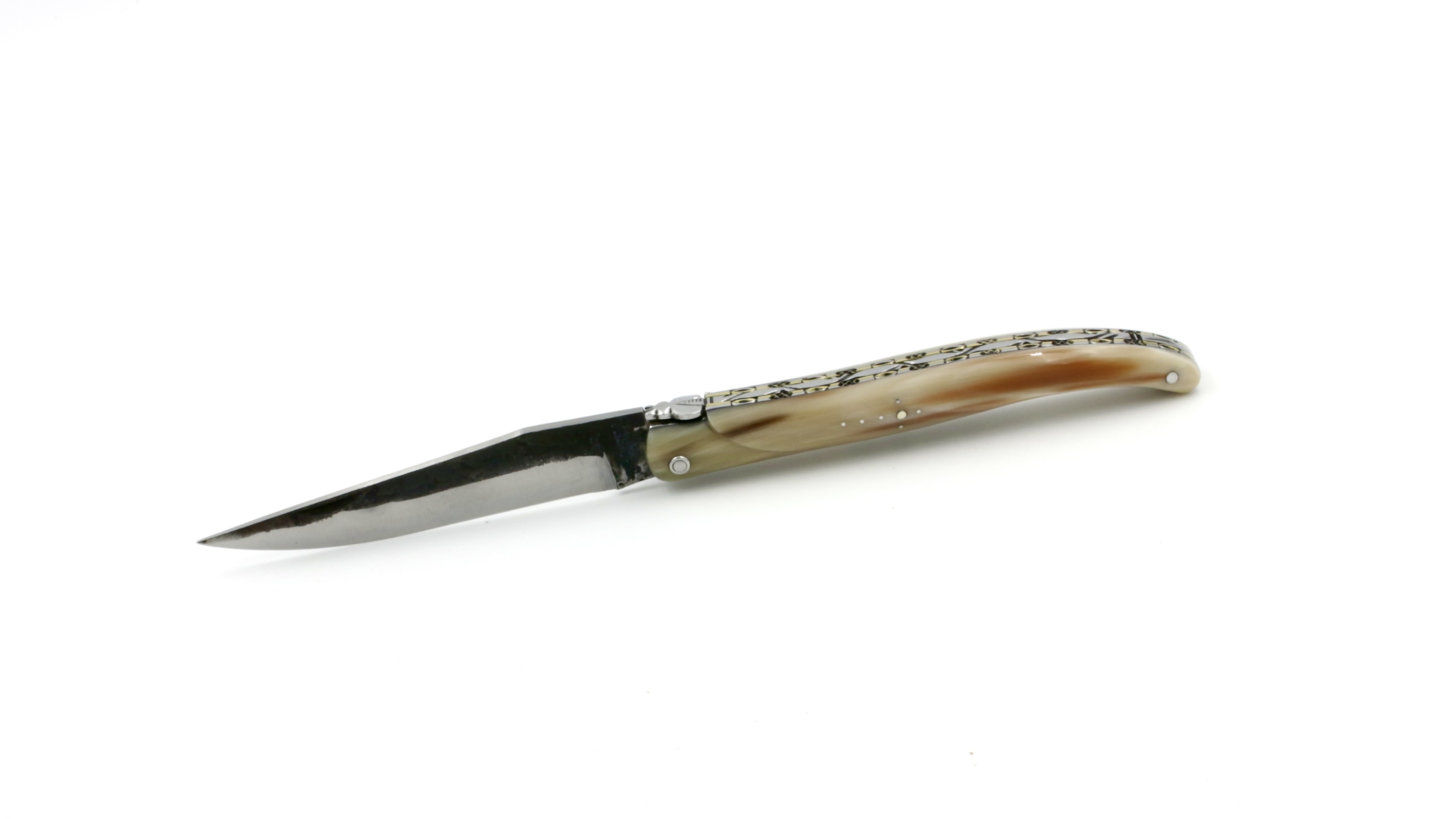 Laguiole en Aubrac double plates knife Brut de Forge Horn tip full handle brass plates 12 cm