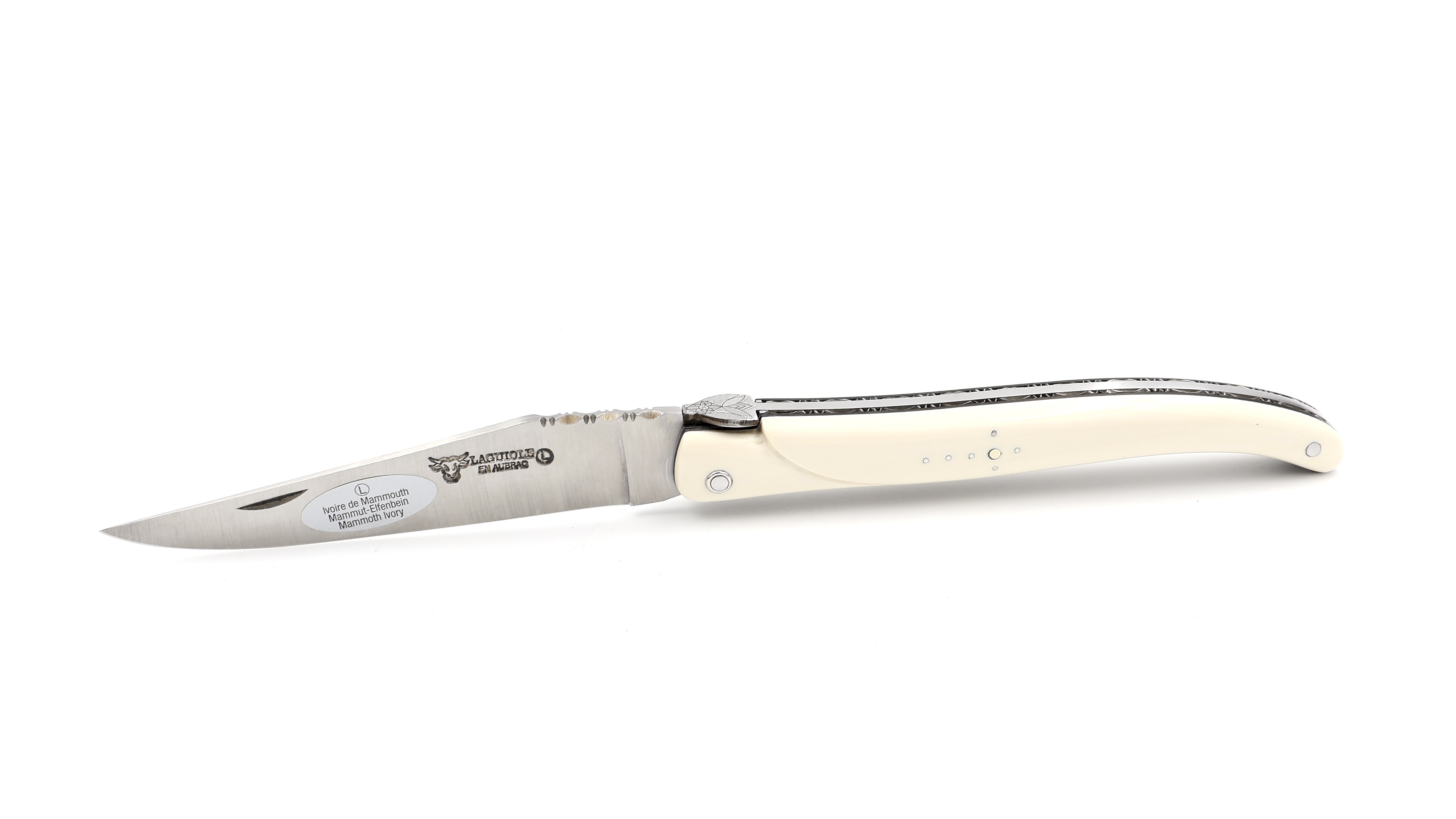 Laguiole en Aubrac Bienenkönigin Mammutelfenbein guillochiert massiver Griff 12 cm 