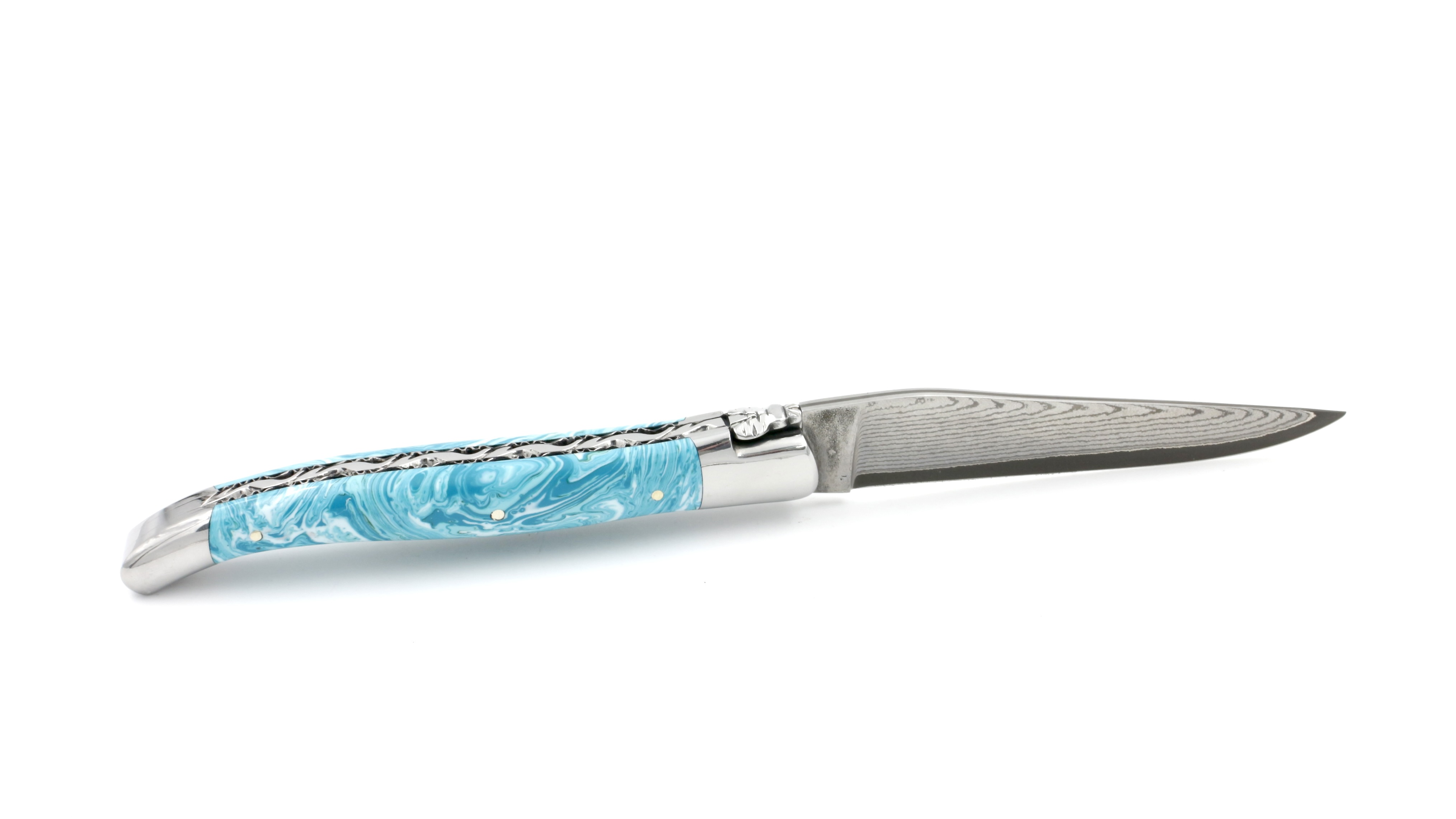 84437C03-8CD3-4E40-9156-B27B6480A19D_1_201_a Laguiole en Aubrac knife jap. damascus turquoise stabilized stone with chiseled plates 12 cm