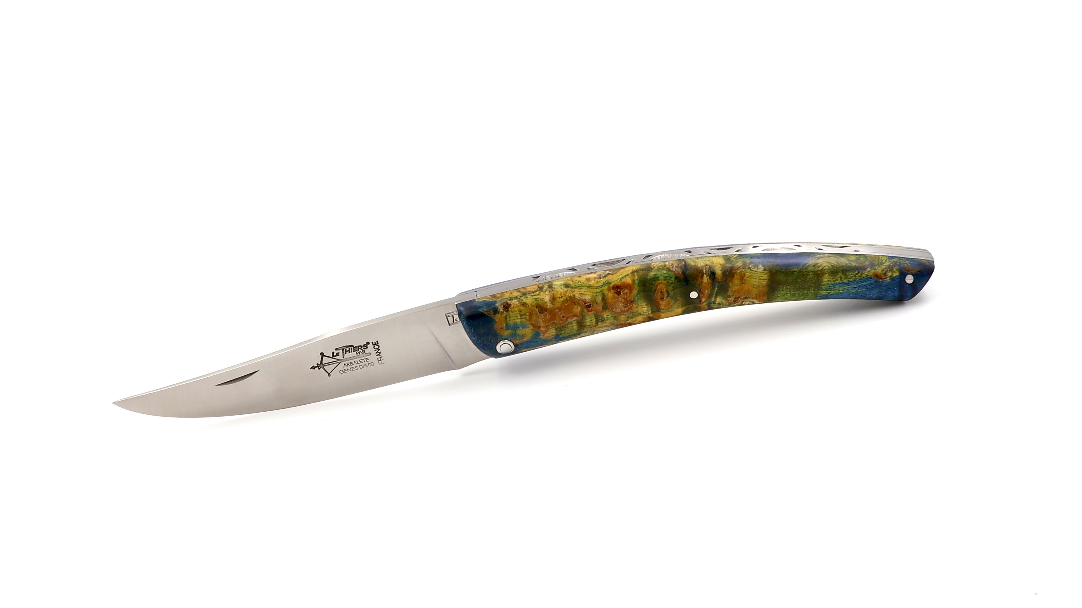 ARBALETE G. David  Thiers knife blue stabilized birch burlwood